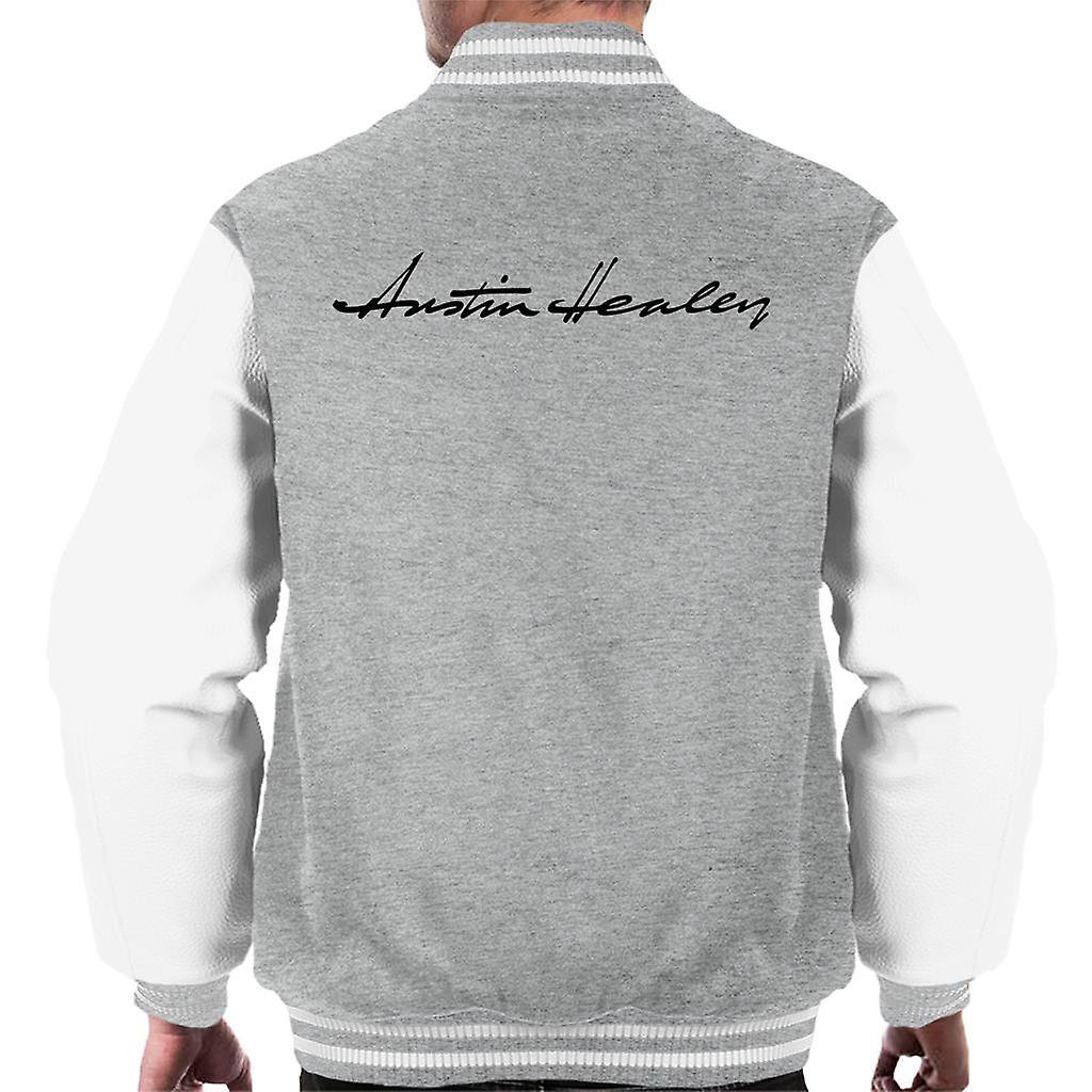 Austin Healey Handwriting Logo British Motor Heritage Men's Varsity Jacket Heather Grey/White X-Large