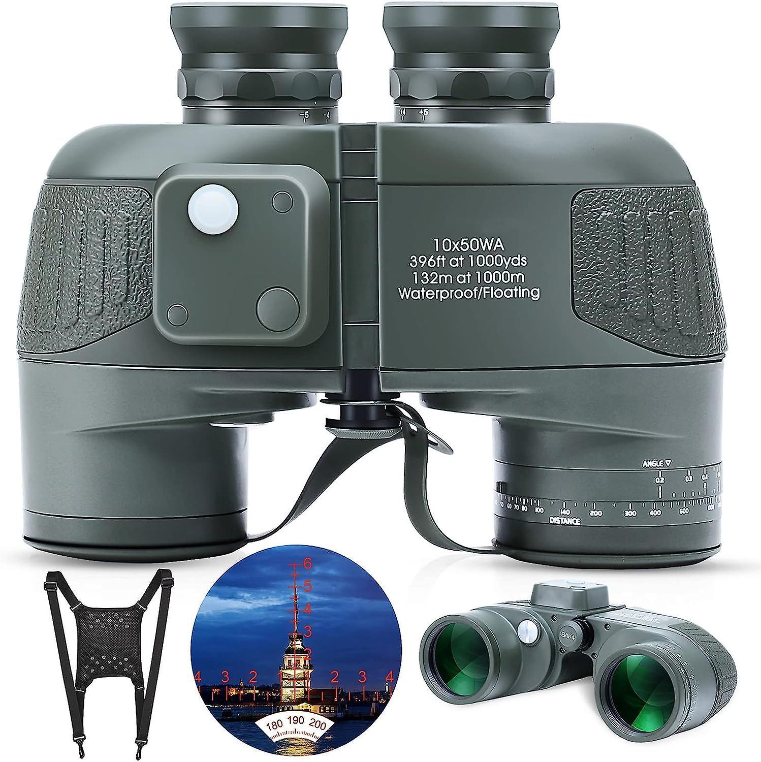 Mickcara Marine Binoculars 10x50 With Rangefinder Compass For Adults - Fmc Lens Waterproof Fogproof Low Light Vision For Hunting Bird