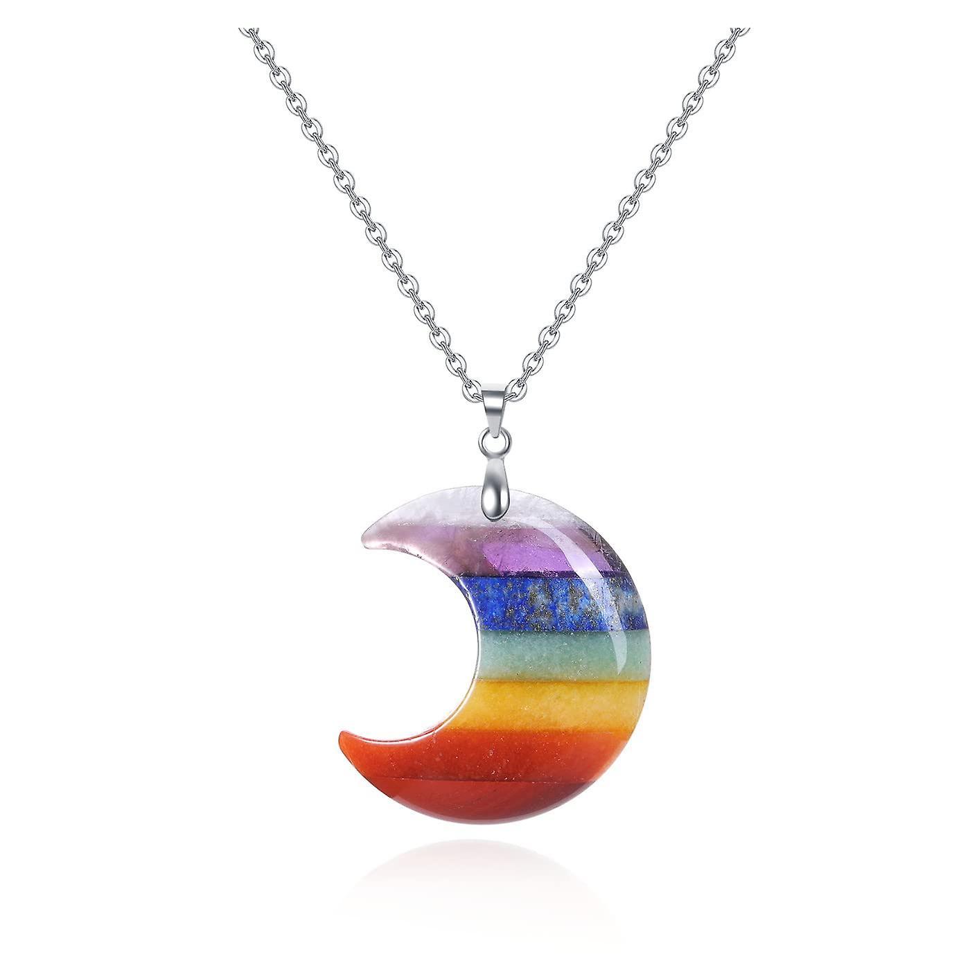 Langray 7 Chakra Crystal Healing Stone Pendant Necklace Rainbow Crescent Moon Protection Crystal Gemstone Chakra Reiki Amulet