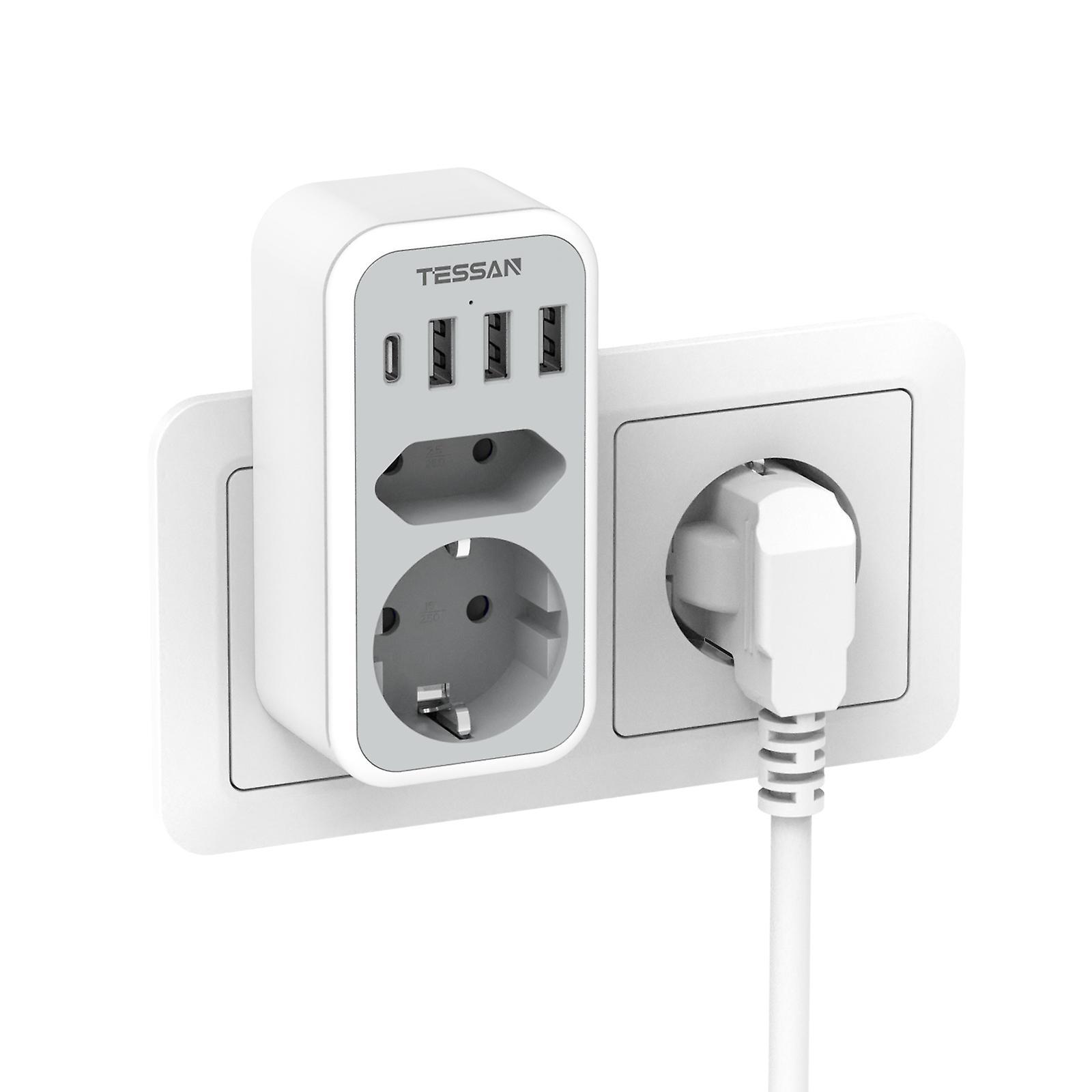 Tessan EU Multi Plug Power Adapter with 2 AC Outlets and USB-C Ports Wall Socket Plug