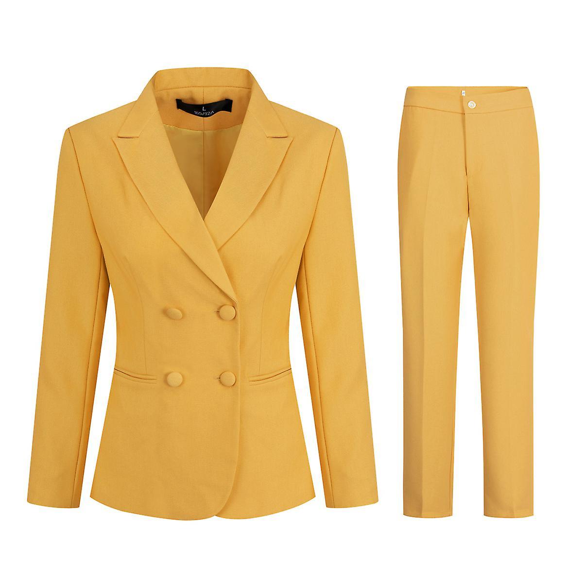 Yunclos Women's 2 Piece Slim Fit Work Suit Set Blazer And Pants Yellow M