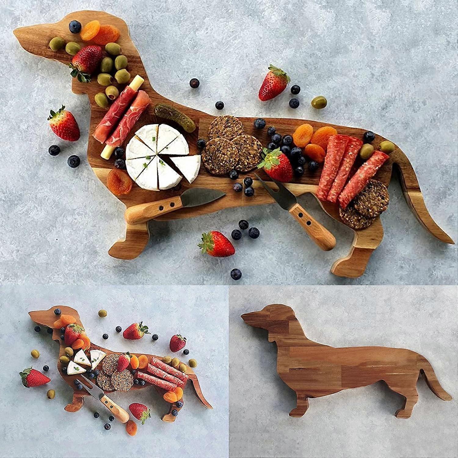 Unbrand Dachshund Dog Dinner Plate Cutting Board, Wood Cutting Board Dachshund Convenient Food Tray for Christmas Party Brown