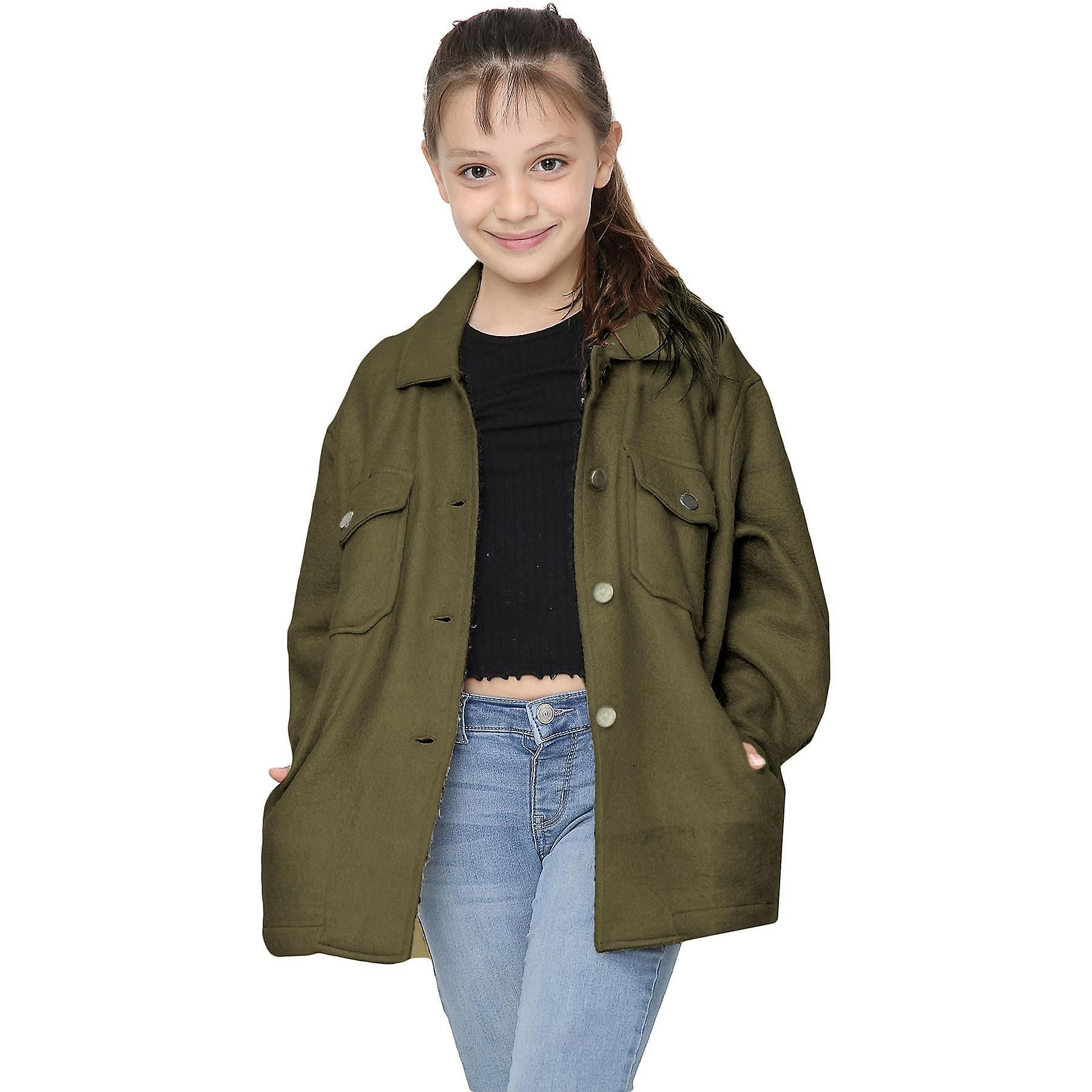 A2Z 4 Kids Kids Girls Plain & Check Print Jackets Tunic Fleece Collared Fashion Coat 7-13 Y Khaki 9-10 Years