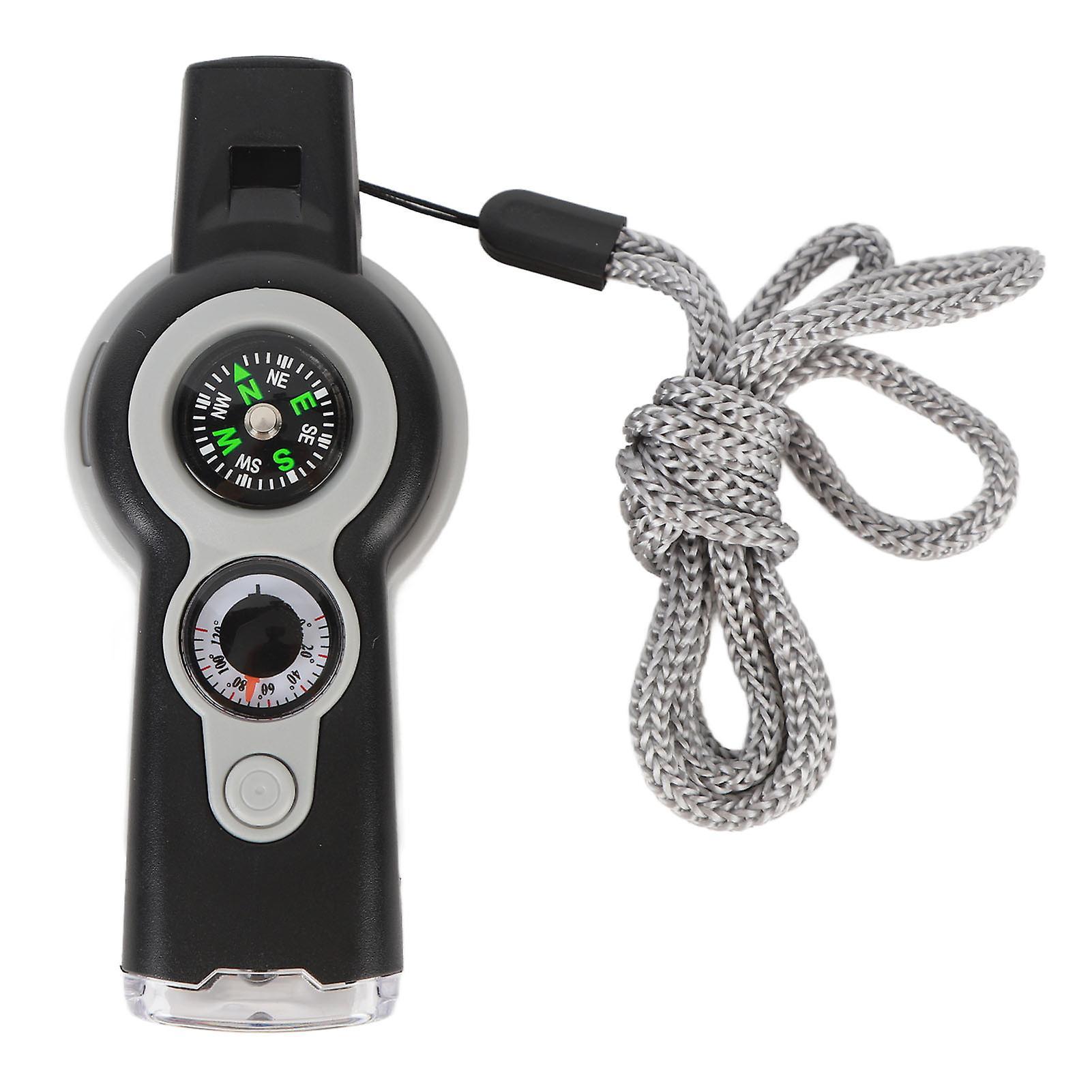 Favrison 7 In 1 Emergency Survival Whistle Led Light Thermometer Compass Multi Function Whistle For Hiking Climbing Gray White