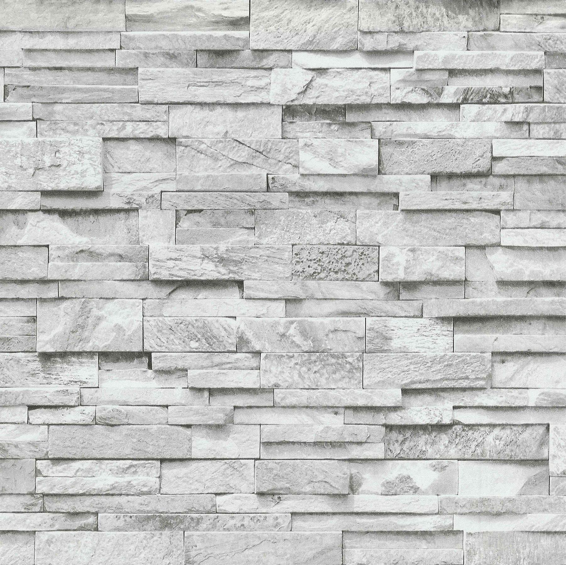 3D Effect Brick Wallpaper Grey White Stone Tile Rustic Vinyl Paste Wall Erismann