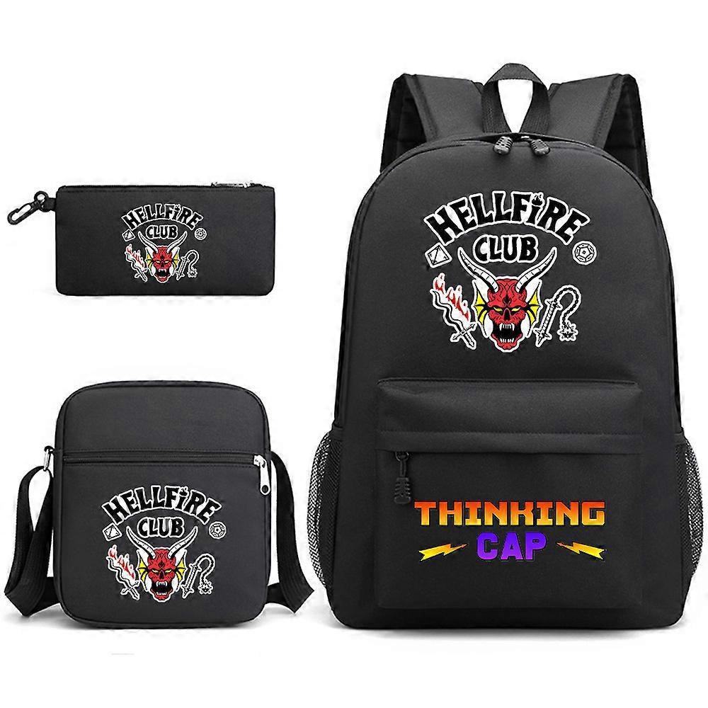 Bagadawang Stranger Things Hellfire Club Backpack Student 3 Piece Set School Bag Black