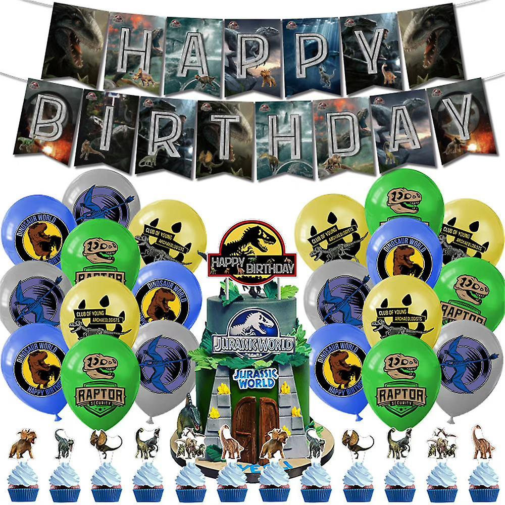 Vicbuy Jurassic World 3 Theme Party Decor Set Banner Balloons Cupcake Cake Toppers