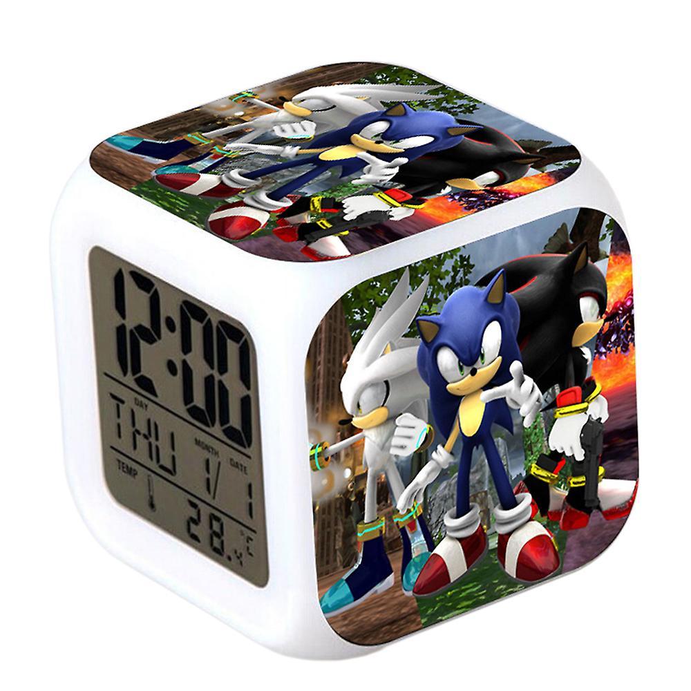 Bestdaily Sonic Digital Alarm Clock 7 Color Changing Led Night Light Anime Game Bedside Cube Clock Home Decor Kids Gifts B