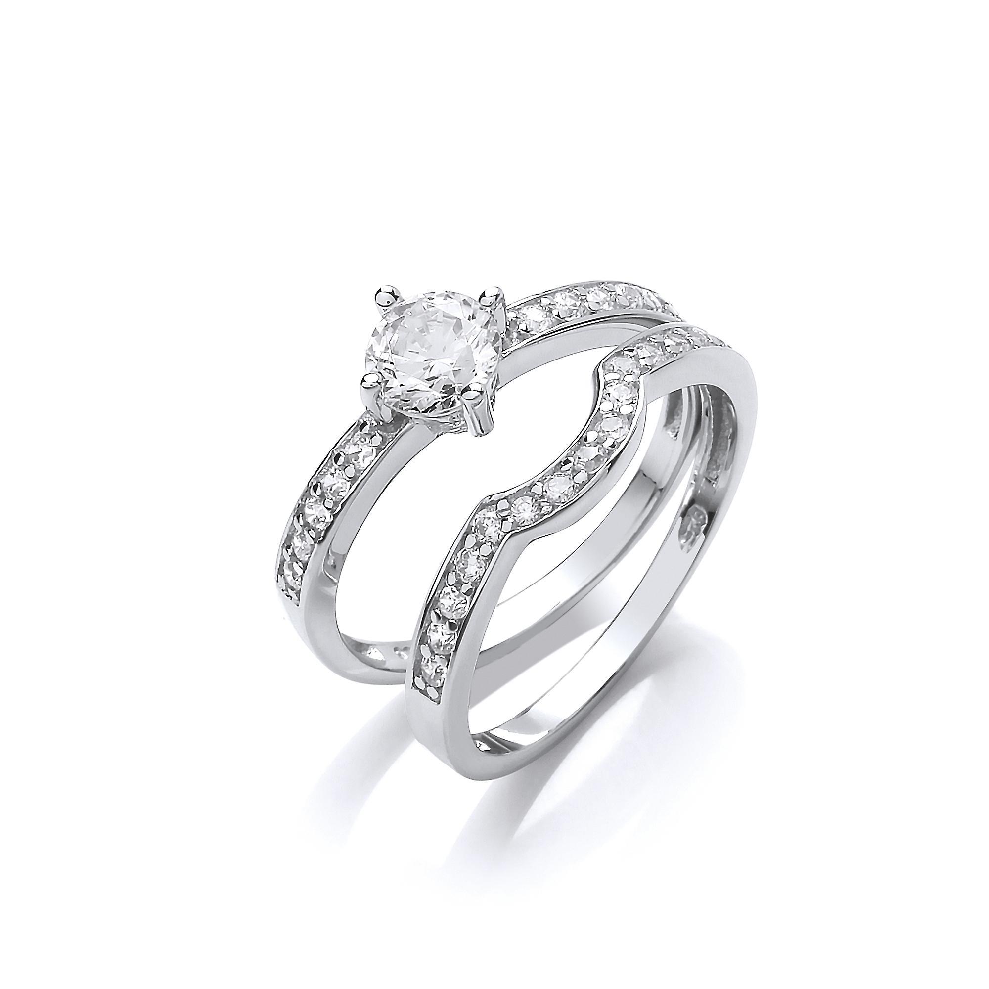 Silver CZ Solitaire Eternity Curve Shaped Fit Bridal Rings Set - GVR846