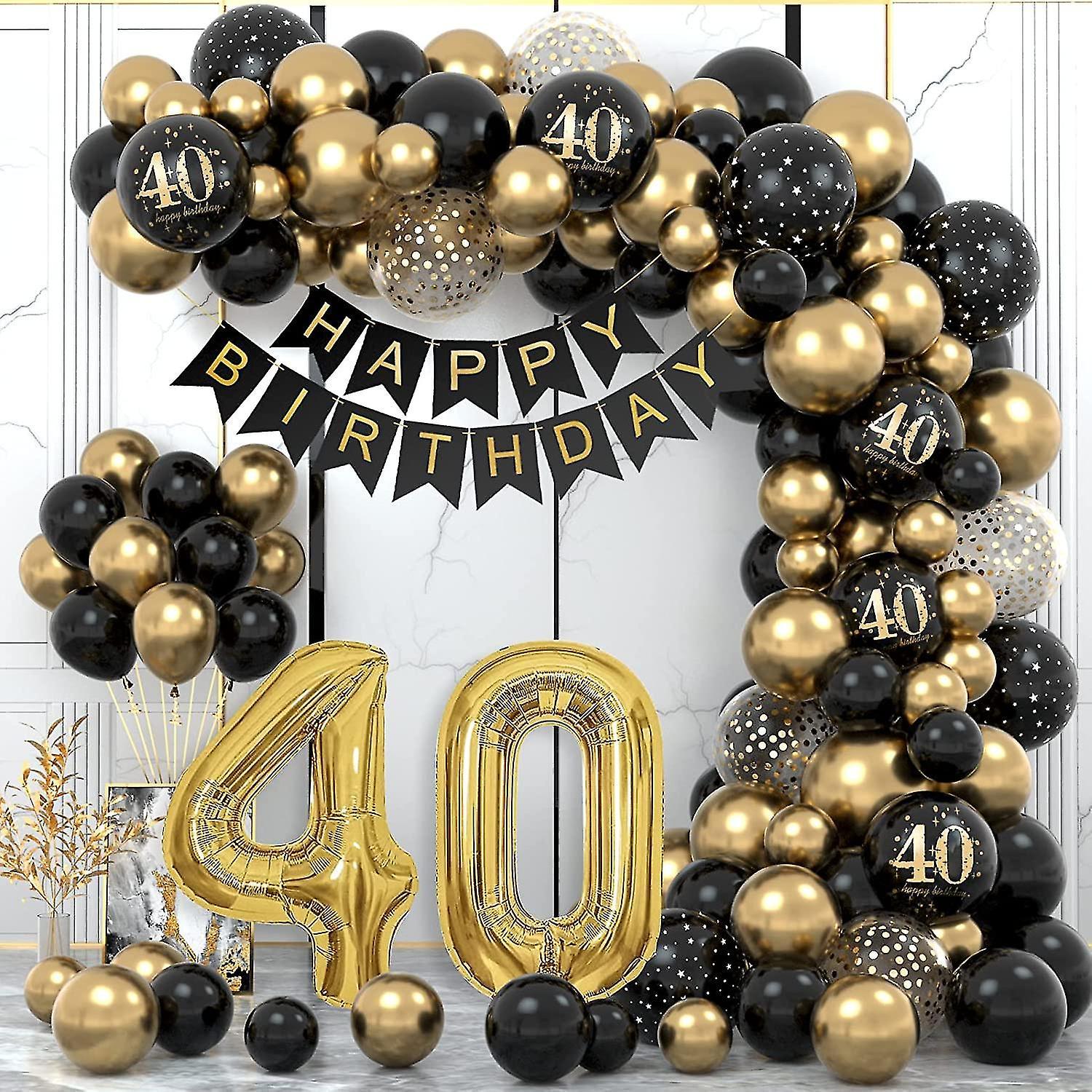 Tianzun 40th Man Women Birthday Party Decorations, Happy Birthday Garland Balloon Black Gold Decoration