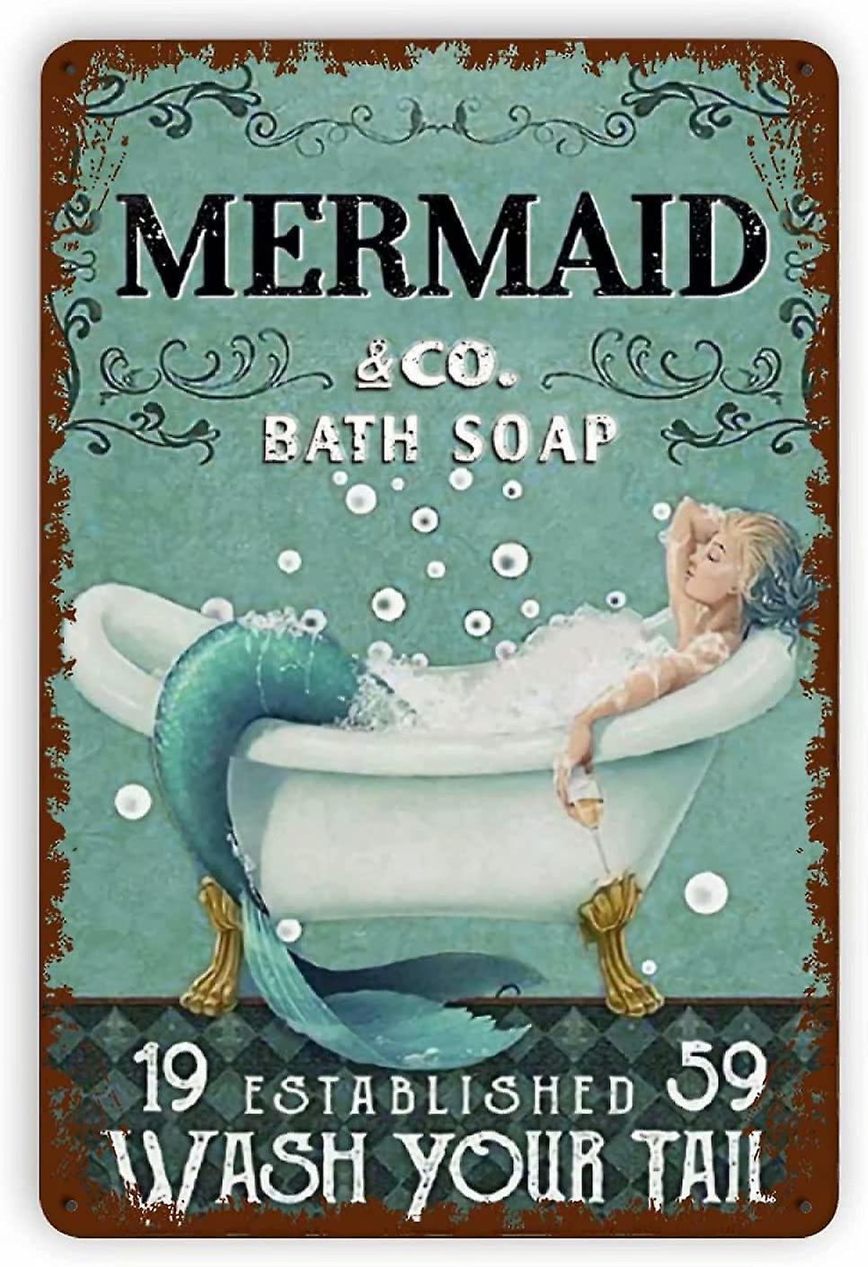 LINCMAN Mermaid Metal Tin Sign,wash Your Tail Art Poster,bathroom And Room Retro Aluminum Painting Wall Decor Retro Bar Pub Diner Cafe Home Poster ...