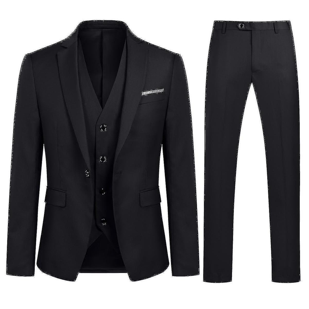 Sanne 2023 Men"s Suit Business Casual 3-pieces Suit Blazer Pants Vest 9 Colors B Black 3XL