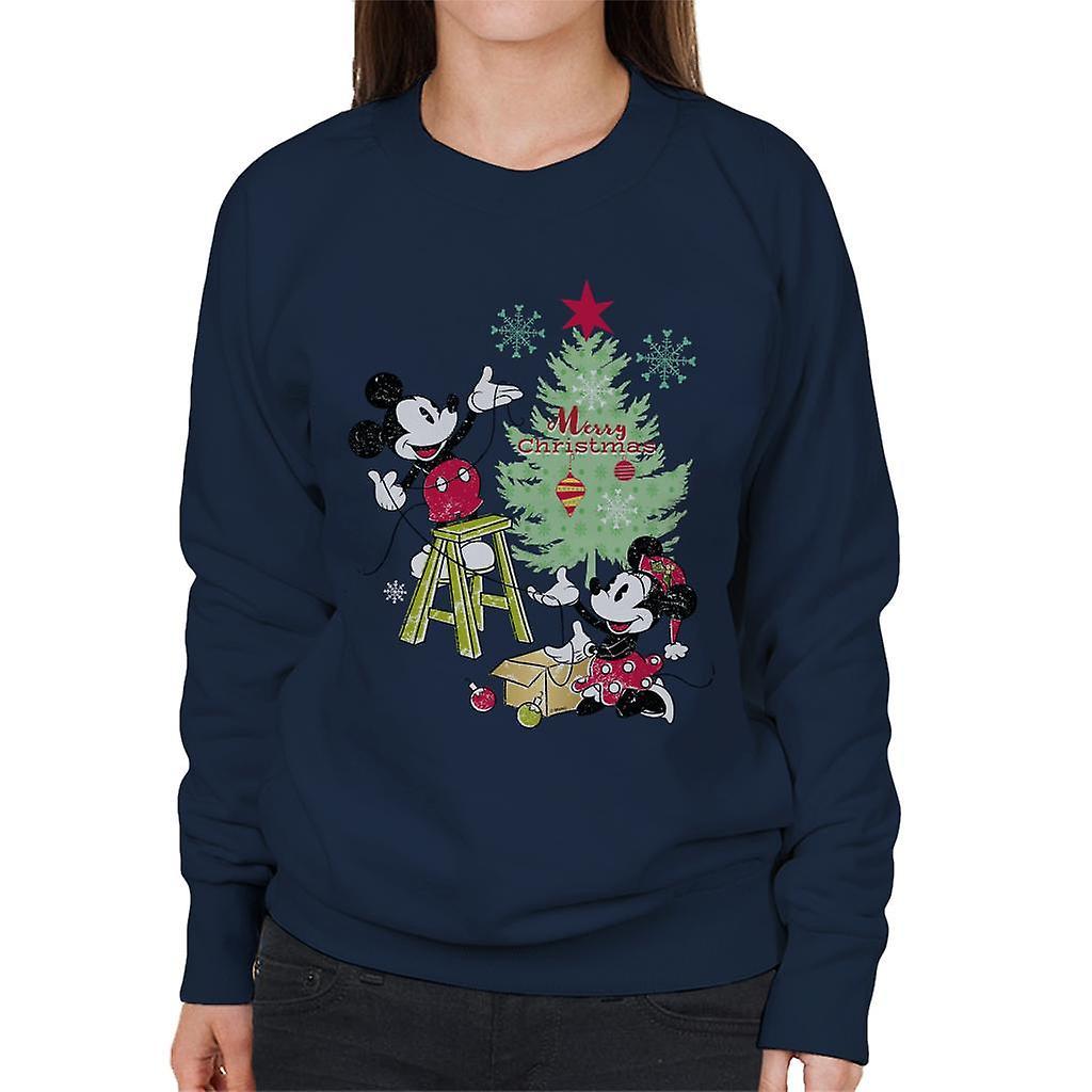 Disney Christmas Mickey And Minnie Mouse Decorating Women's Sweatshirt Navy Blue X-Large