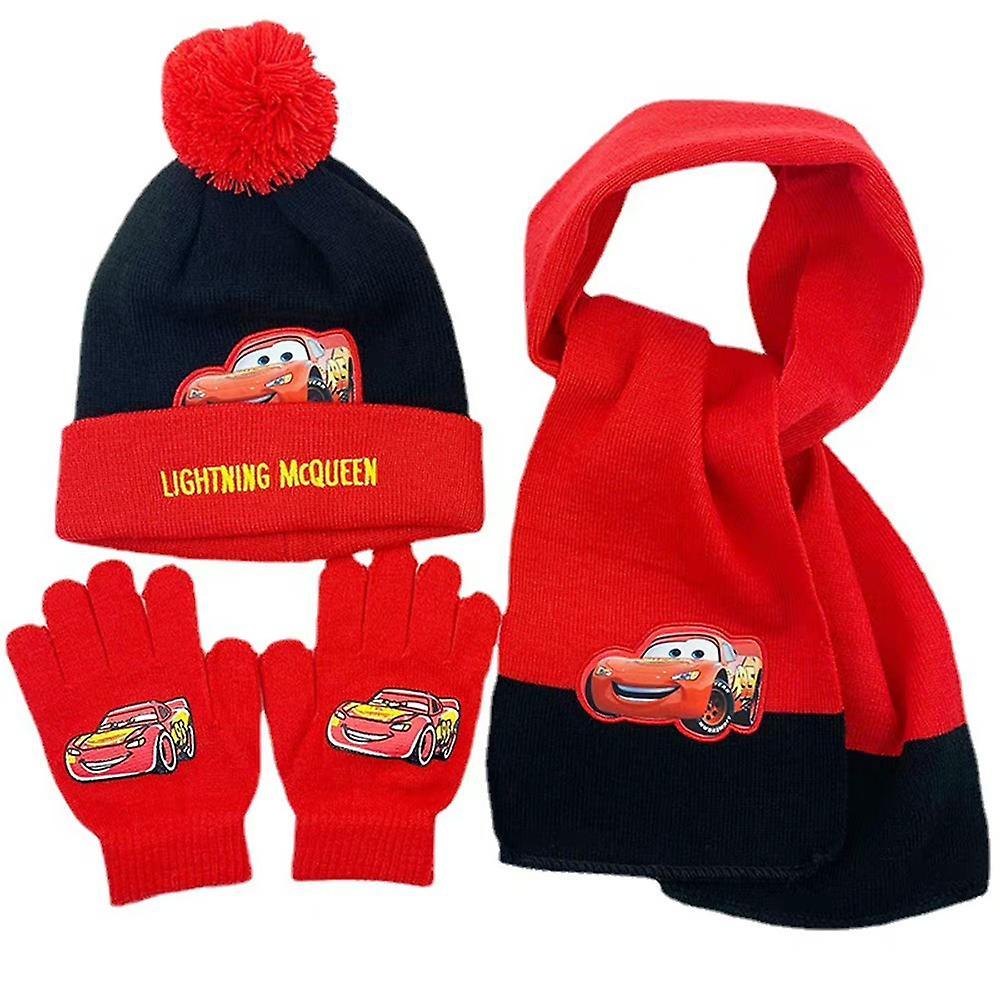 Varychmoo 3pcs Car Lightning Mcqueen Winter Warm Knitted Pompom Beanie Hat Scarf Gloves Set For 3-8 Years Children Kids Boys Black Red