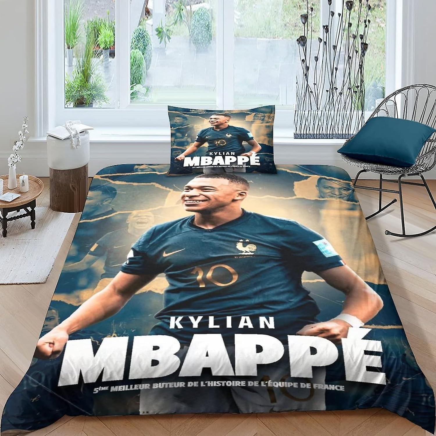 Kerota Kylian Mbapp Captain 3-Piece Single Bedding Set, France Football Star Bed Set, Aesthetic Pattern, 100% Soft And Pleasant Microfiber Single13..