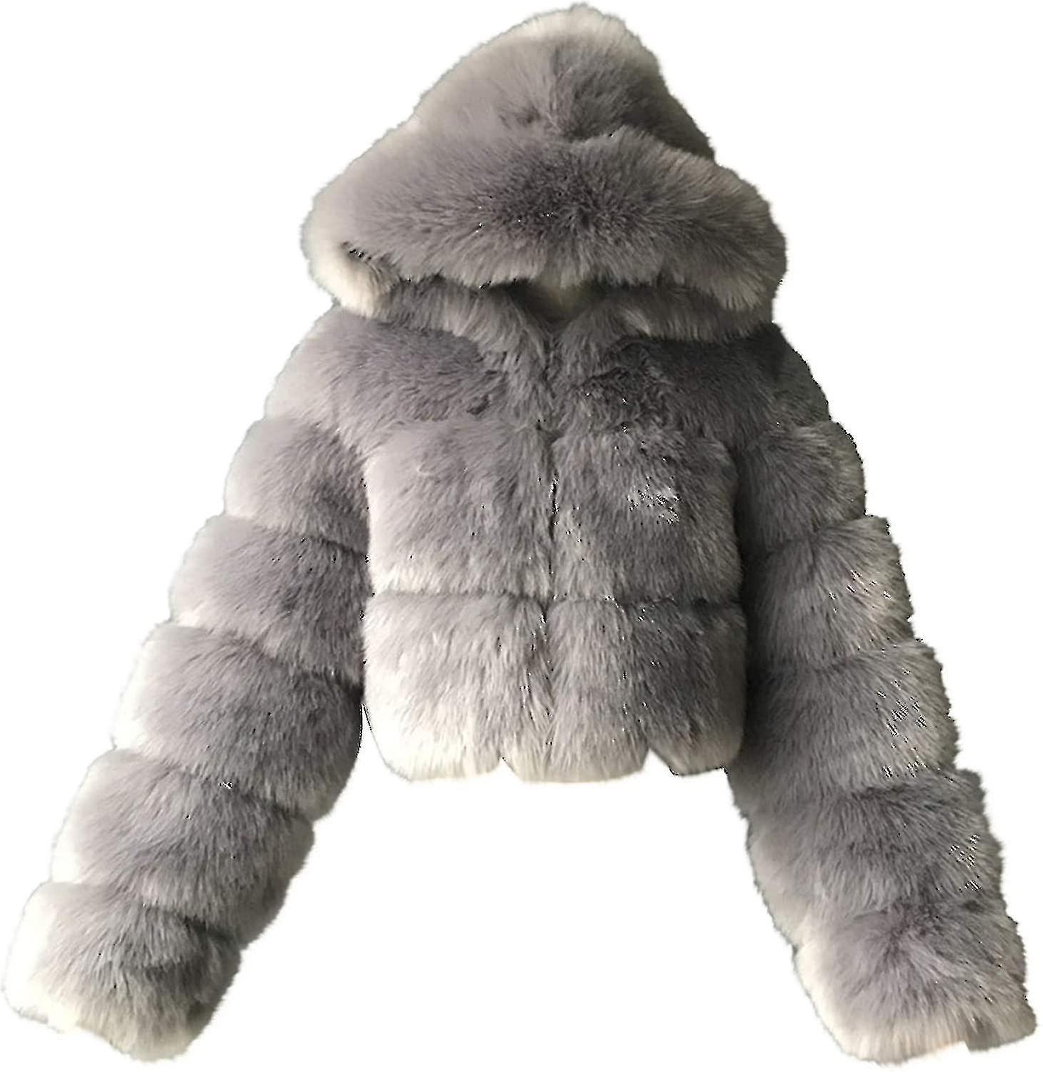 Guangzhou Yunlan Trading Co., Faux Fur Coat Women With Hood Cropped Bubble Coats Fleece Short Warm Jackets Plus Size Winter Coats Gray 3X-Large