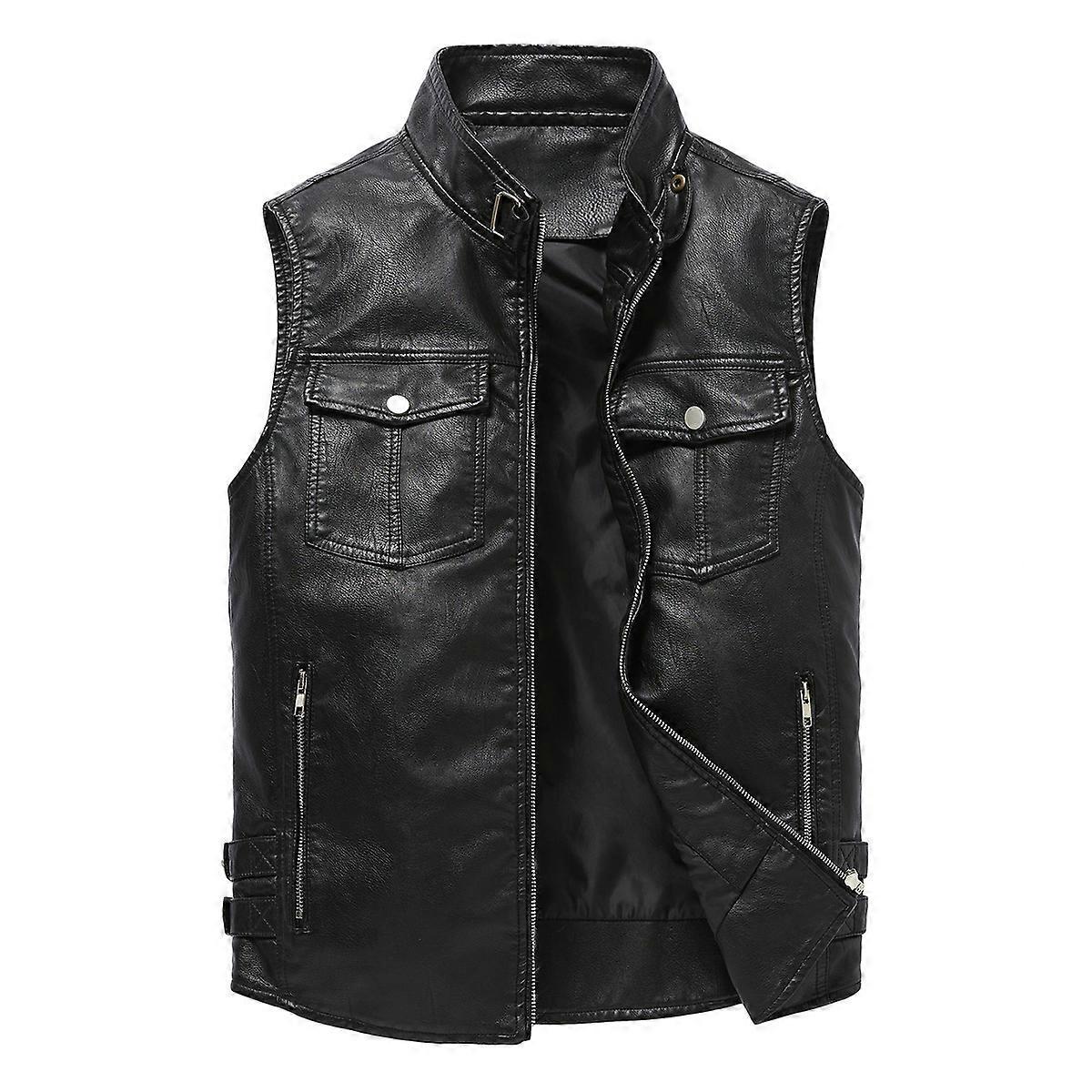 Sliktaa Mens Lightweight PU Leather Sleeveless Jacket Black M