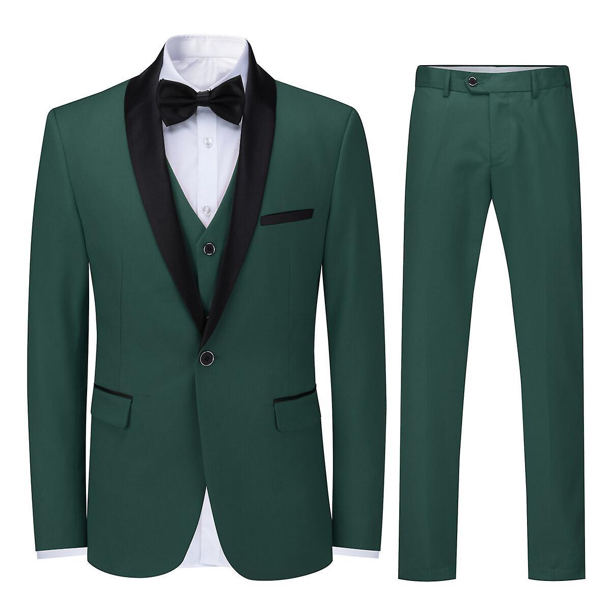 Sliktaa Mens 3Pce Wedding Business Suit Slim Fit Blazer and Vest and Pants Green XL