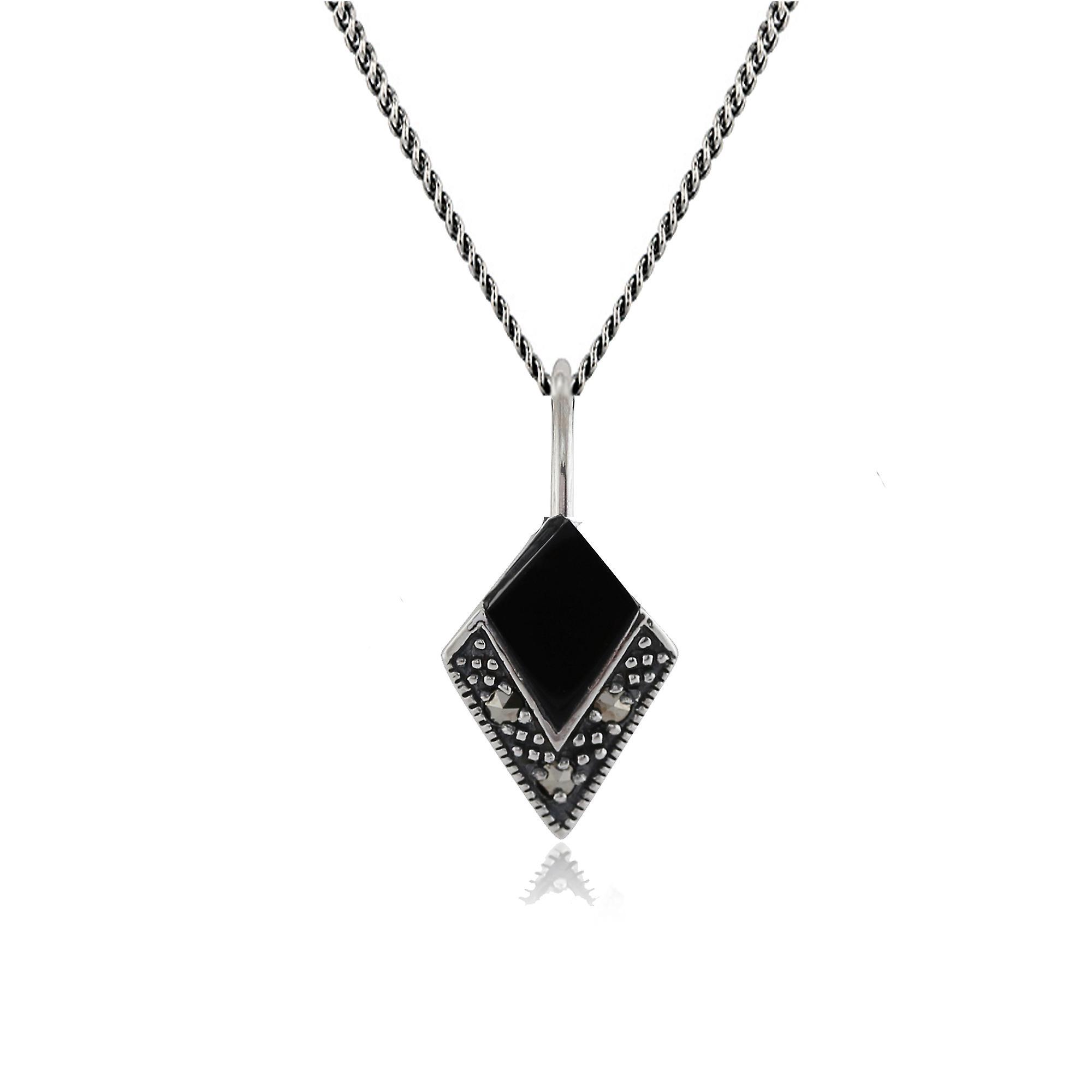 Gemondo Art Deco Style Cabochon Black Onyx & Marcasite Pendant Necklace In 925 Sterling Silver 27078 One Size