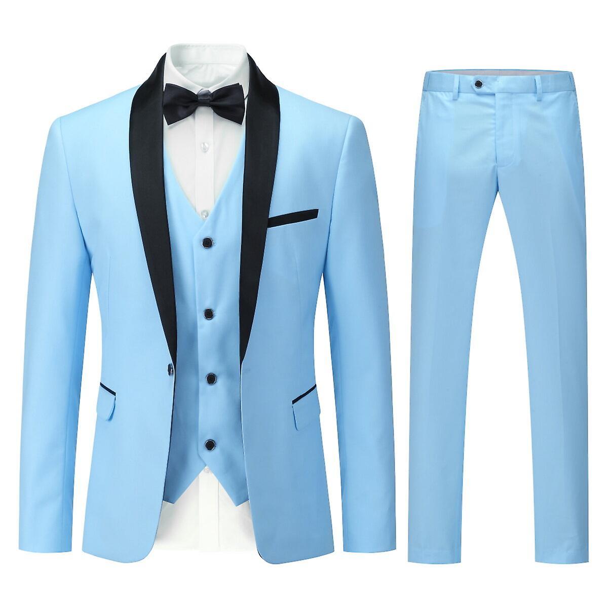 Sliktaa Mens 3Pce Business Slim Fit Suit Wedding Party Blazer Vest Pants Light Blue M