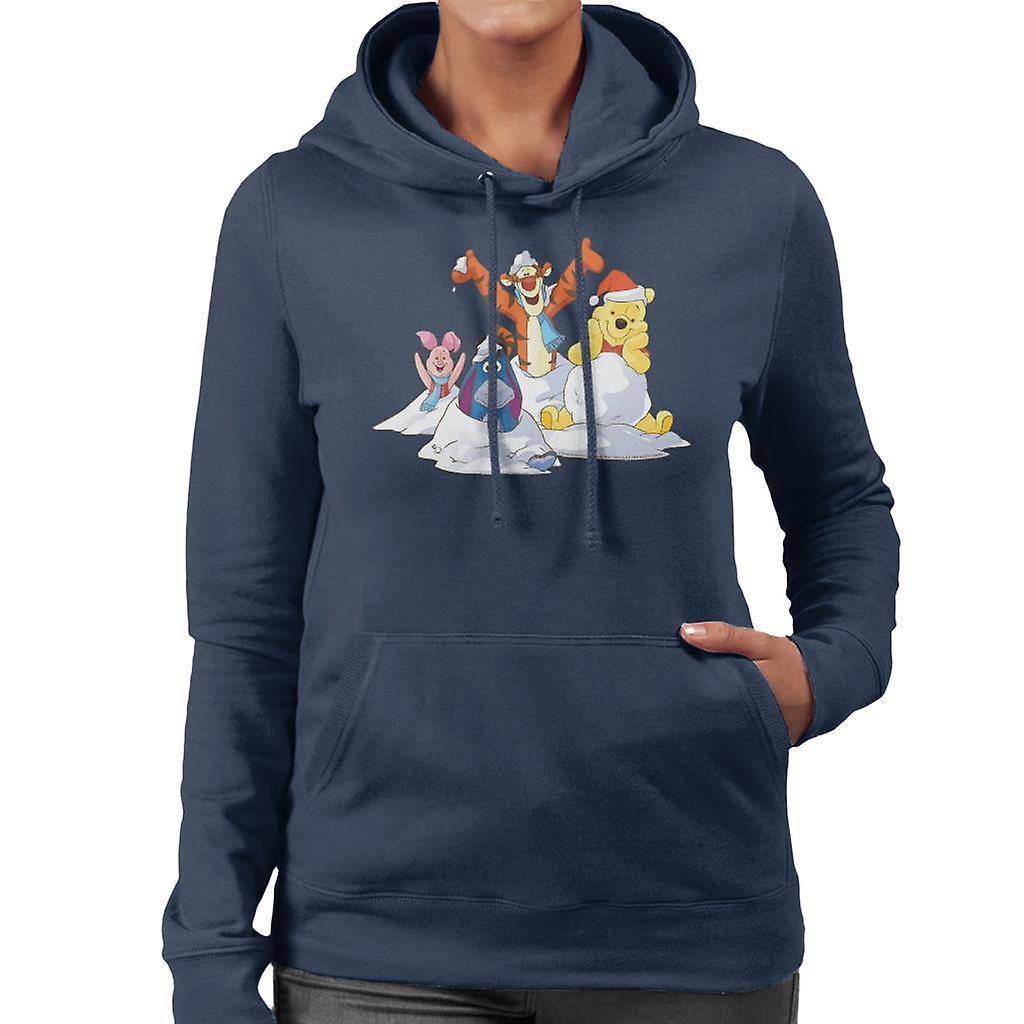 Disney Christmas Winnie The Pooh In The Snow With Friends Women's Hooded Sweatshirt Navy Blue Small