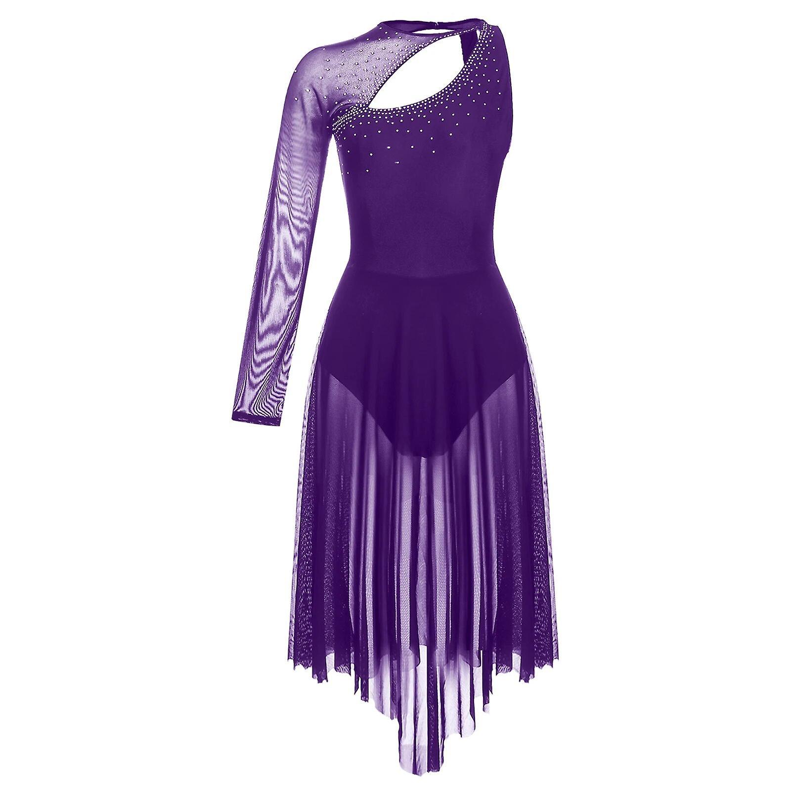 Aionyaaa Figure Skating Dress Womens Long Sleeve Lyrical Dance Dress Stage Dancewear Sheer Mesh Gymnastics Leotard Ballroom Costume M Purple