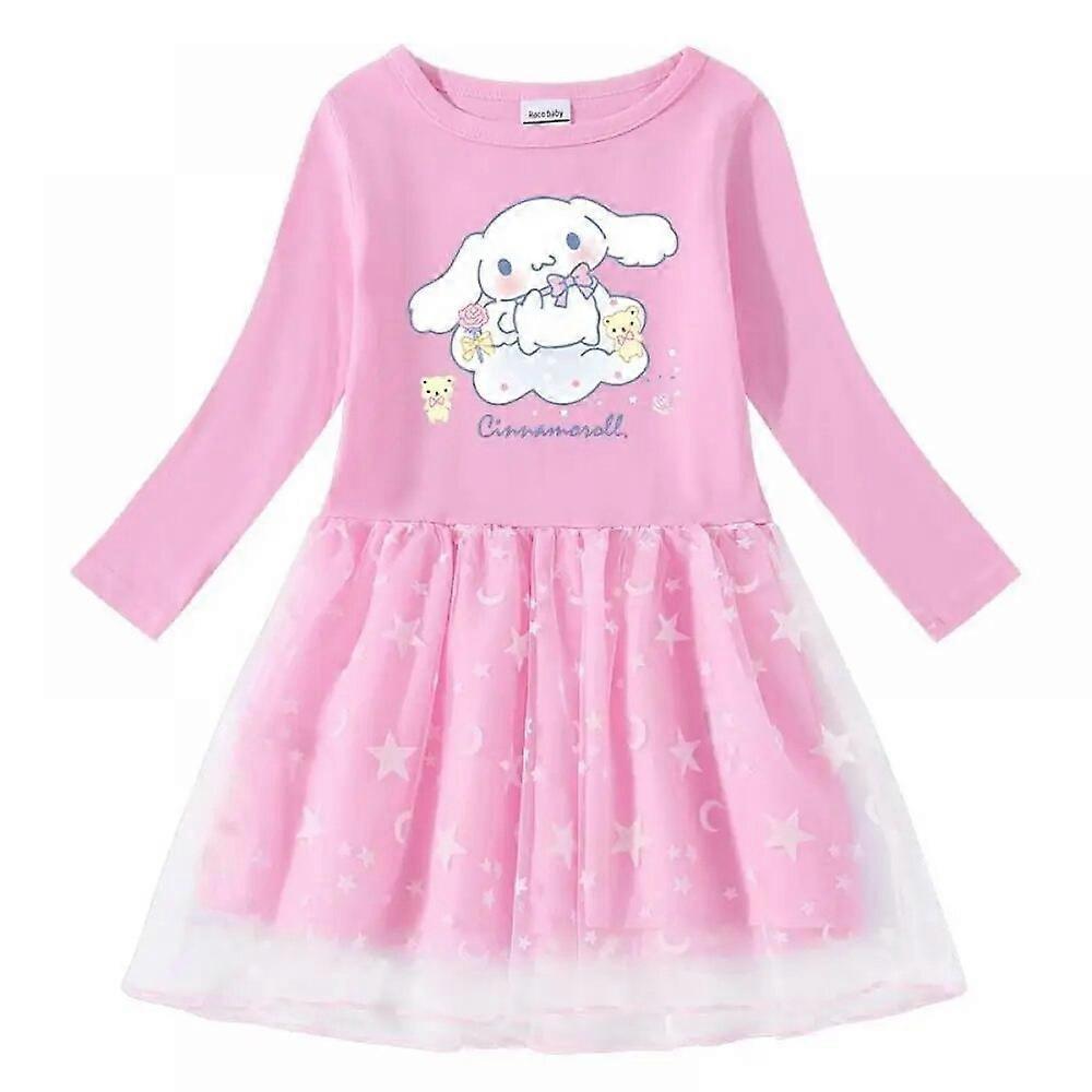 Hcankcan Sanrio Cinnamoroll Girls Dress Kids Cartoon Long Sleeve Gauze Skirt Printed Princess Dress Children's Spring Autumn Clothing pink 90