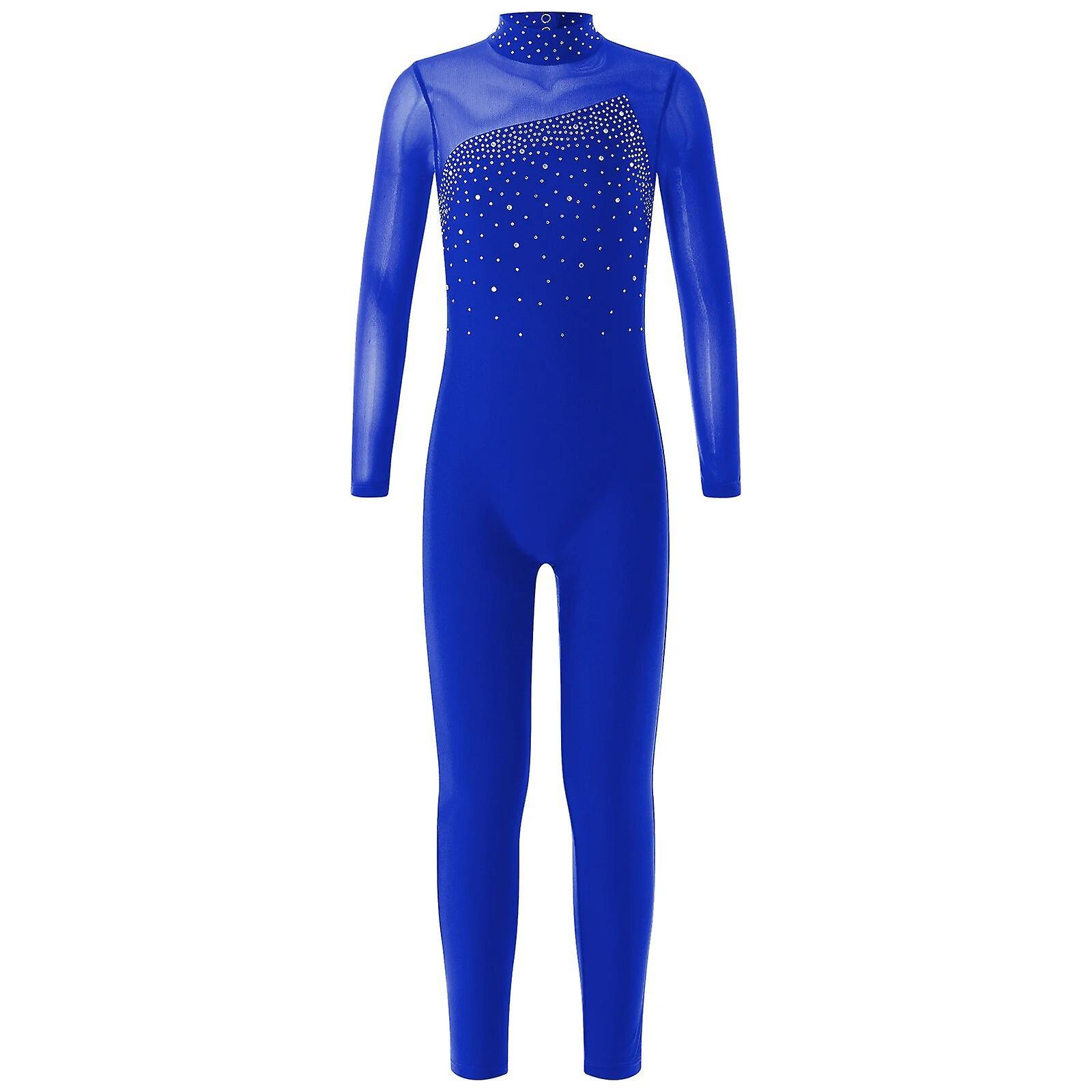 Aionyaaa Children Ballet Dance Jumpsuit Kids Shiny Rhinestone Gymnastics Leotardsfor Girls Teens Long Sleeve Ice Skating Bodysuit 12 Royal Blue