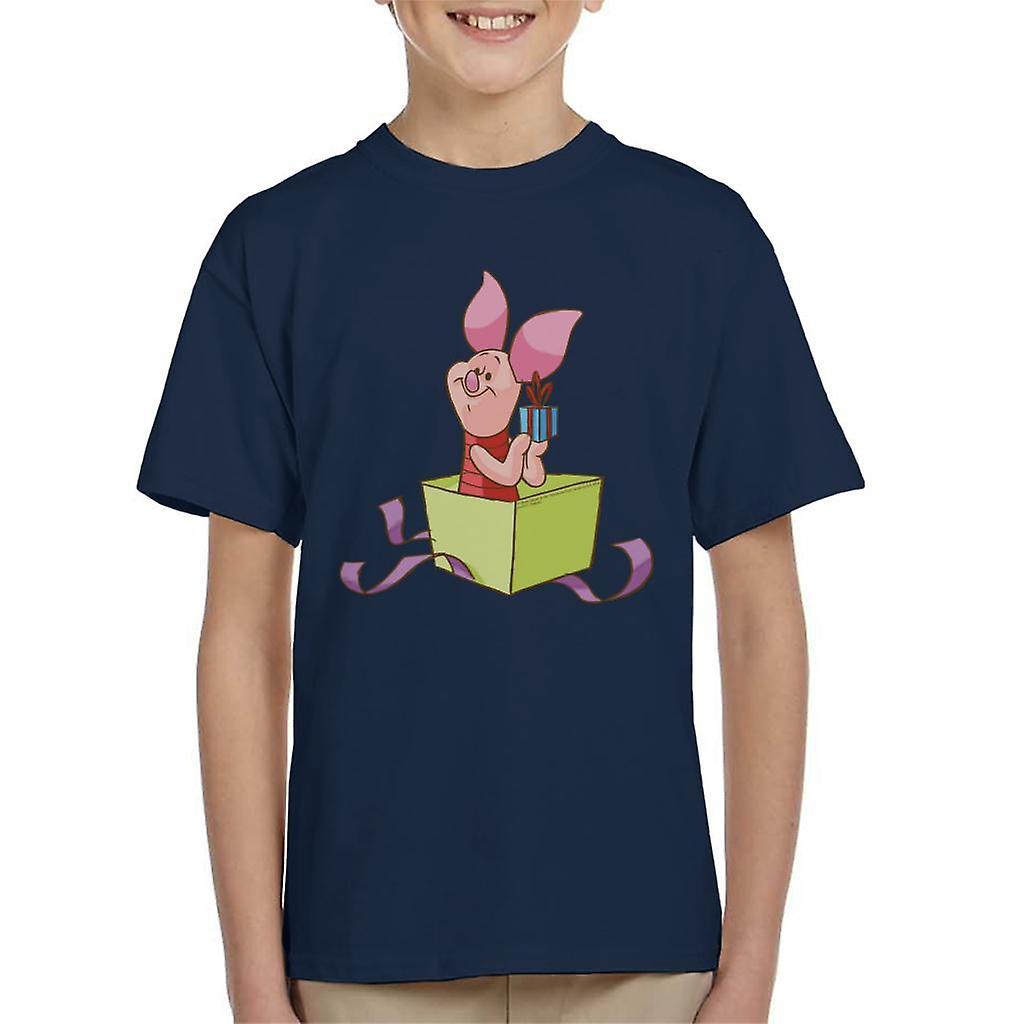 Disney Christmas Piglet In Gift Box Design Kid's T-Shirt Navy Blue Small (5-6 yrs)