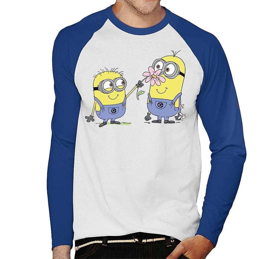 Despicable Me Minions Sniffing Flower Men's Baseball Long Sleeved T-Shirt White/Royal Small