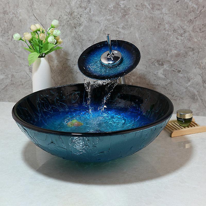 Slowmoose Hand-painted Blue Tempered Glass Basin Sink Faucet Set - Bathroom Countertop Basin Tap Set