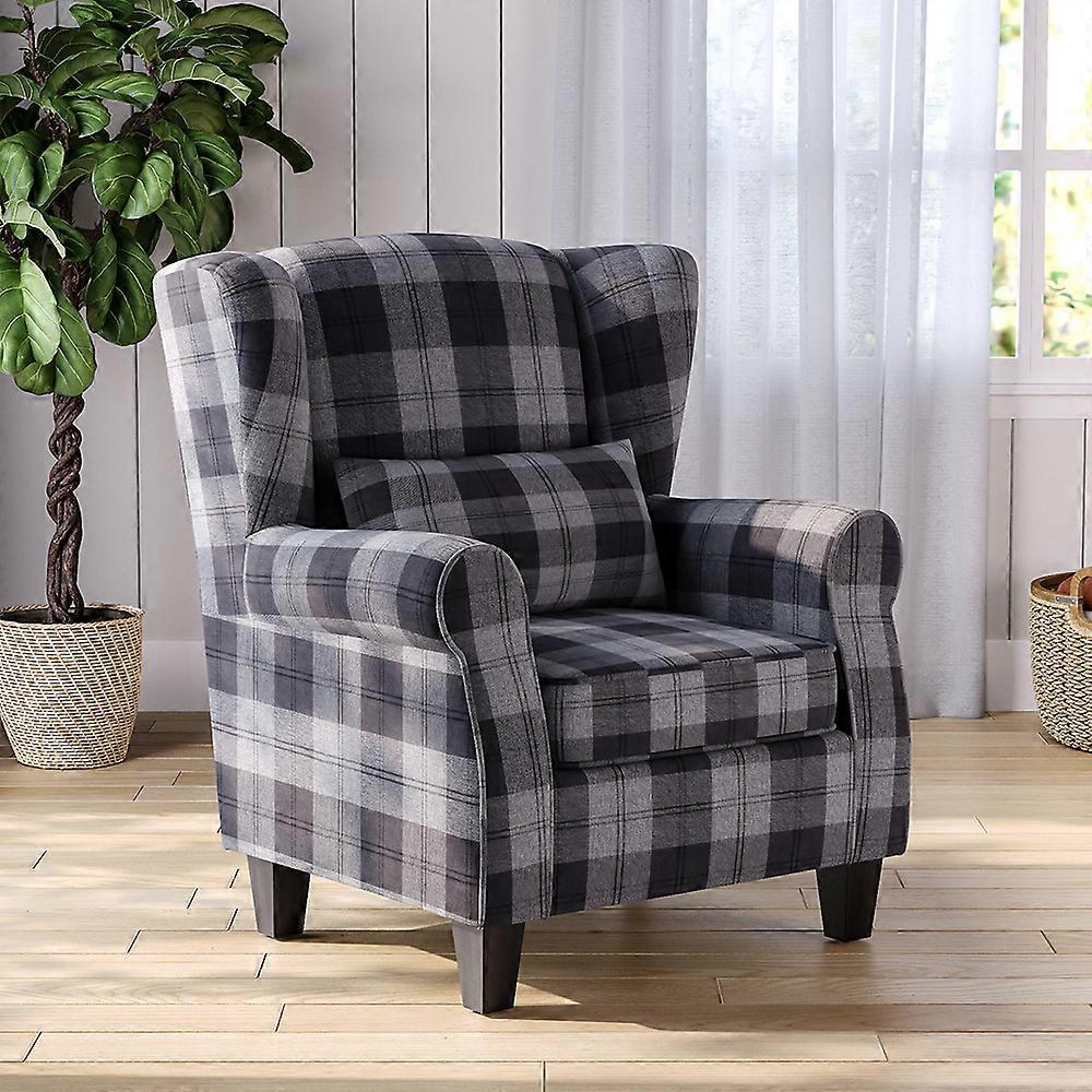 Living And Home Tartan Upholstered Armchair Wooden Legs Single Sofa