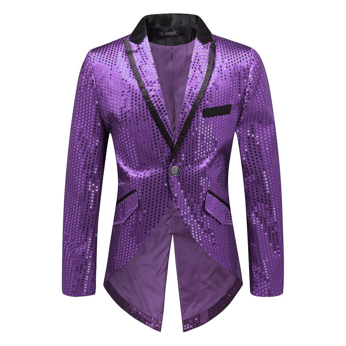 Sliktaa Mens Sequin Swallowtail Suit Jacket Party Show Tux Dress Coat Purple L