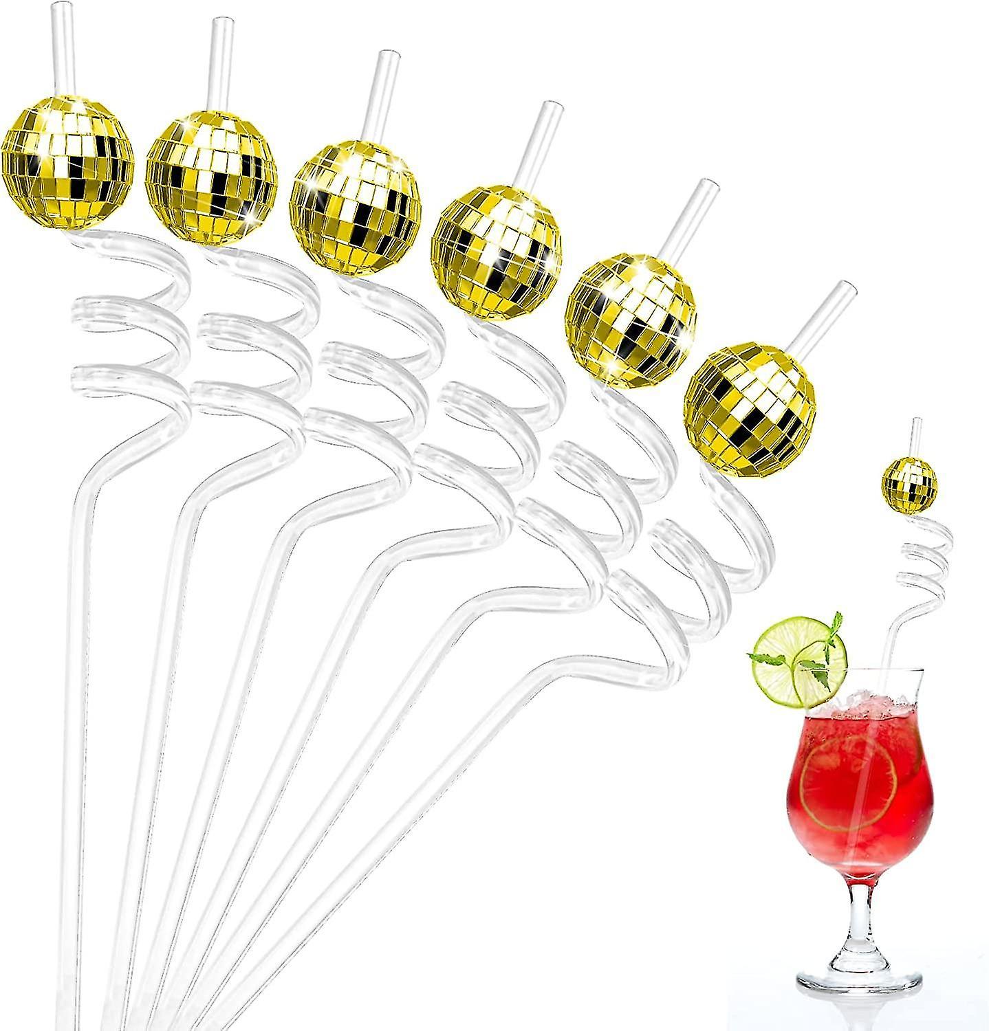 Tianzun 10pcs Mirror Disco Ball Straws, Disco Party Decorations 70s Disco Decorative Straws Disco Ball Stirrers For Dance Party Gold