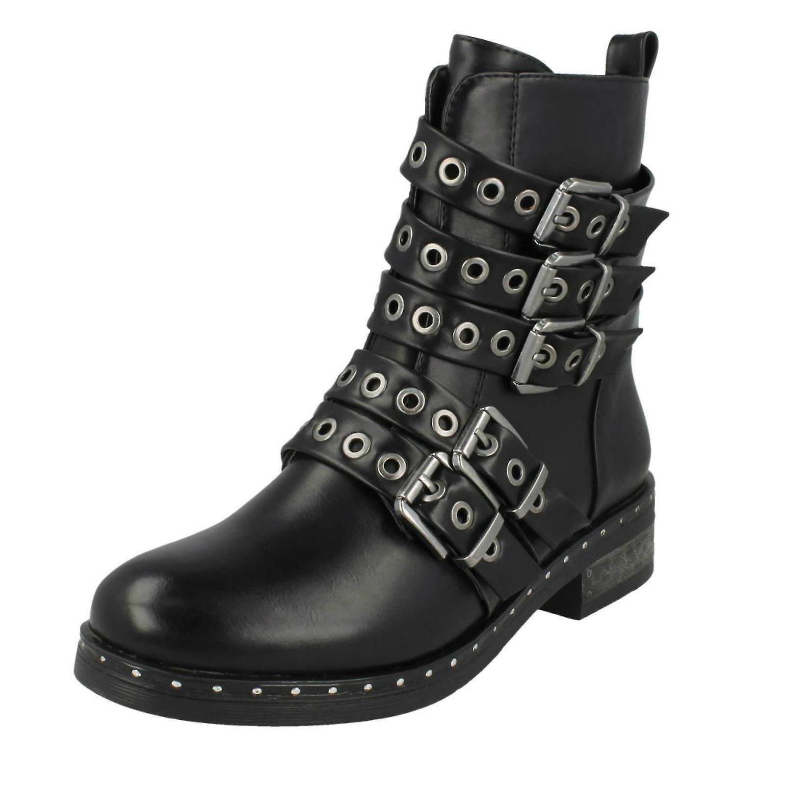 Ladies Spot On Biker Boots With Buckle Detail Black UK 6