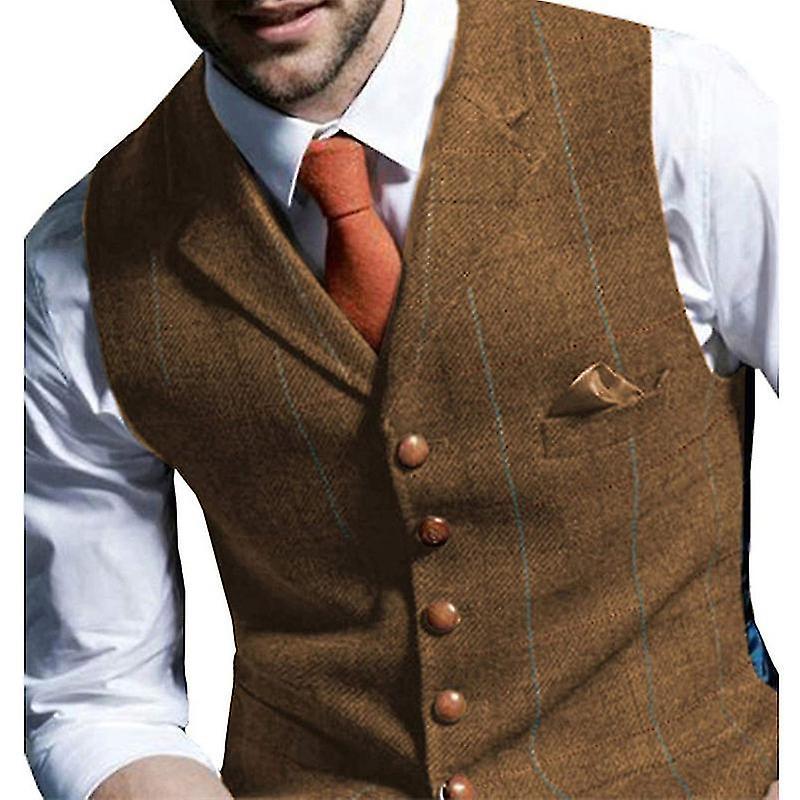 Jielin Men's Plaid Groom Vests Tweed Business Suit Wedding Tuxedo Waistcoat BROWN L