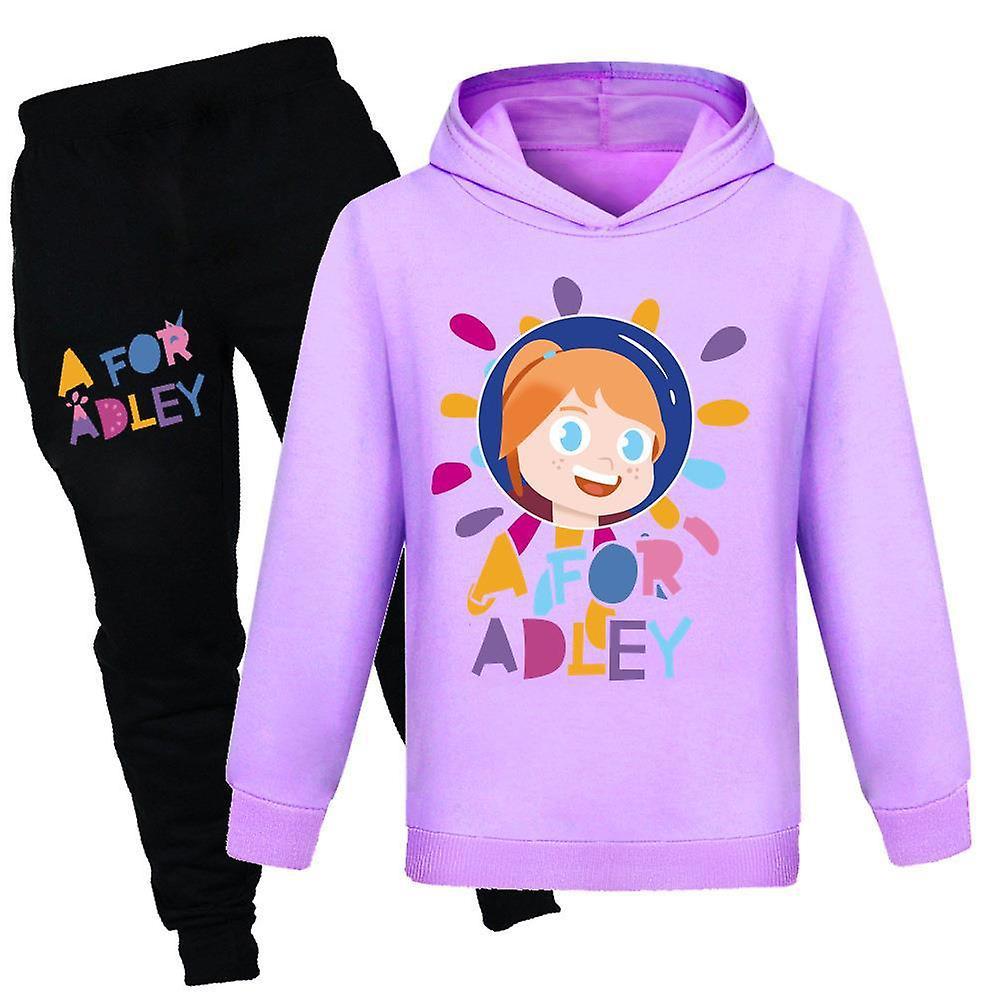 Aswei Children Boys Girls A For Adley Printed Long Sleeve Hoodie + Pants Casual Clothing Set Sportswear Purple 7-8Y