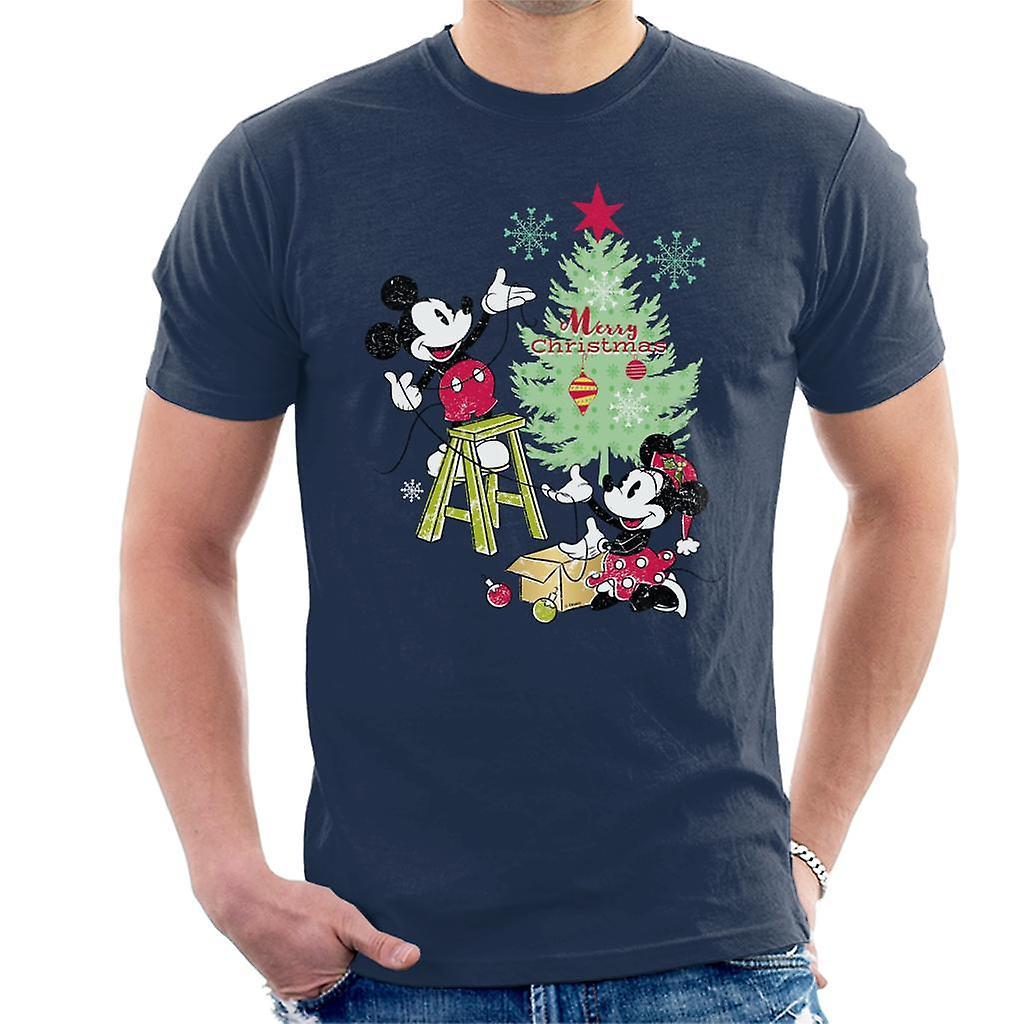 Disney Christmas Mickey And Minnie Mouse Decorating Men's T-Shirt Navy Blue Medium