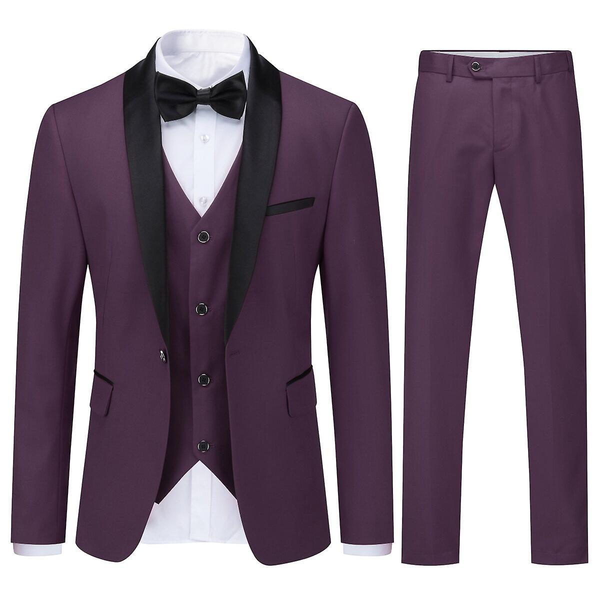 Sliktaa Mens 3Pce Business Slim Fit Suit Wedding Party Blazer Vest Pants Purple M