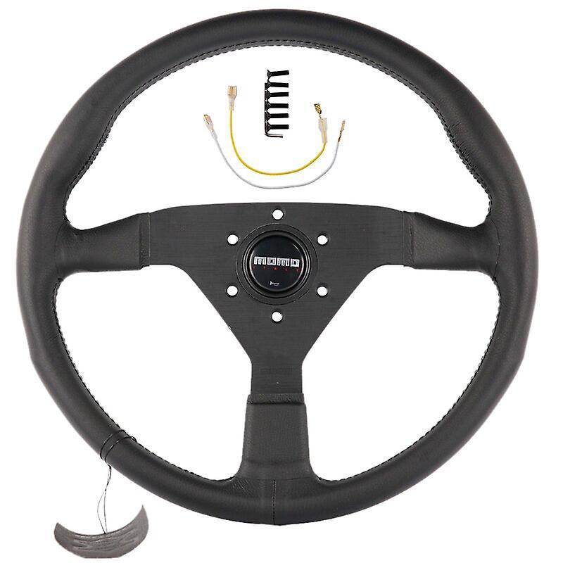 14inch For Momo Italy Black Genuine Leather Drift Sport Steering Wheel Vehicle Steering Wheel Covers Black Stitching