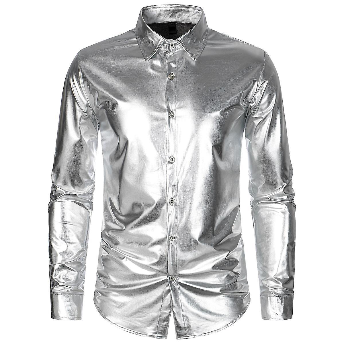 Sliktaa Mens Shiny Glossy Waterproof Long Sleeve Shirt Silver XL