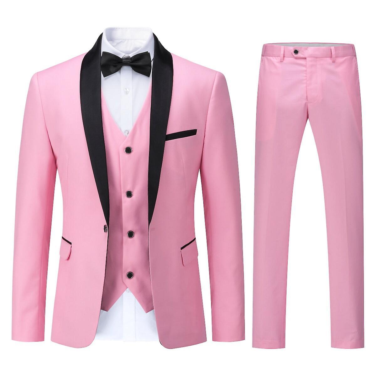 Sliktaa Mens 3Pce Business Slim Fit Suit Wedding Party Blazer Vest Pants Pink L