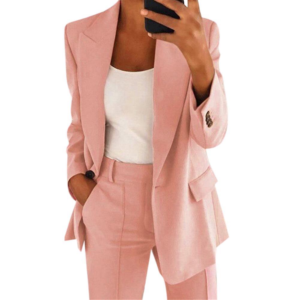 Yynuda Women's 2 Piece Business Suit Set Lapel Single-breasted Polyester Suit Jacket With Straight Trousers Pink XL