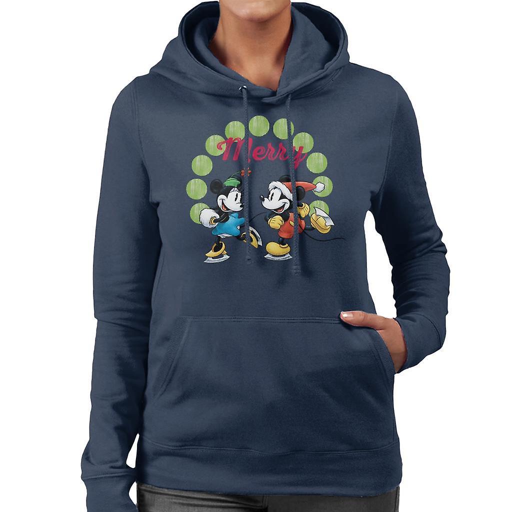 Disney Christmas Mickey And Minnie Mouse Ice Skating Women's Hooded Sweatshirt Navy Blue XX-Large