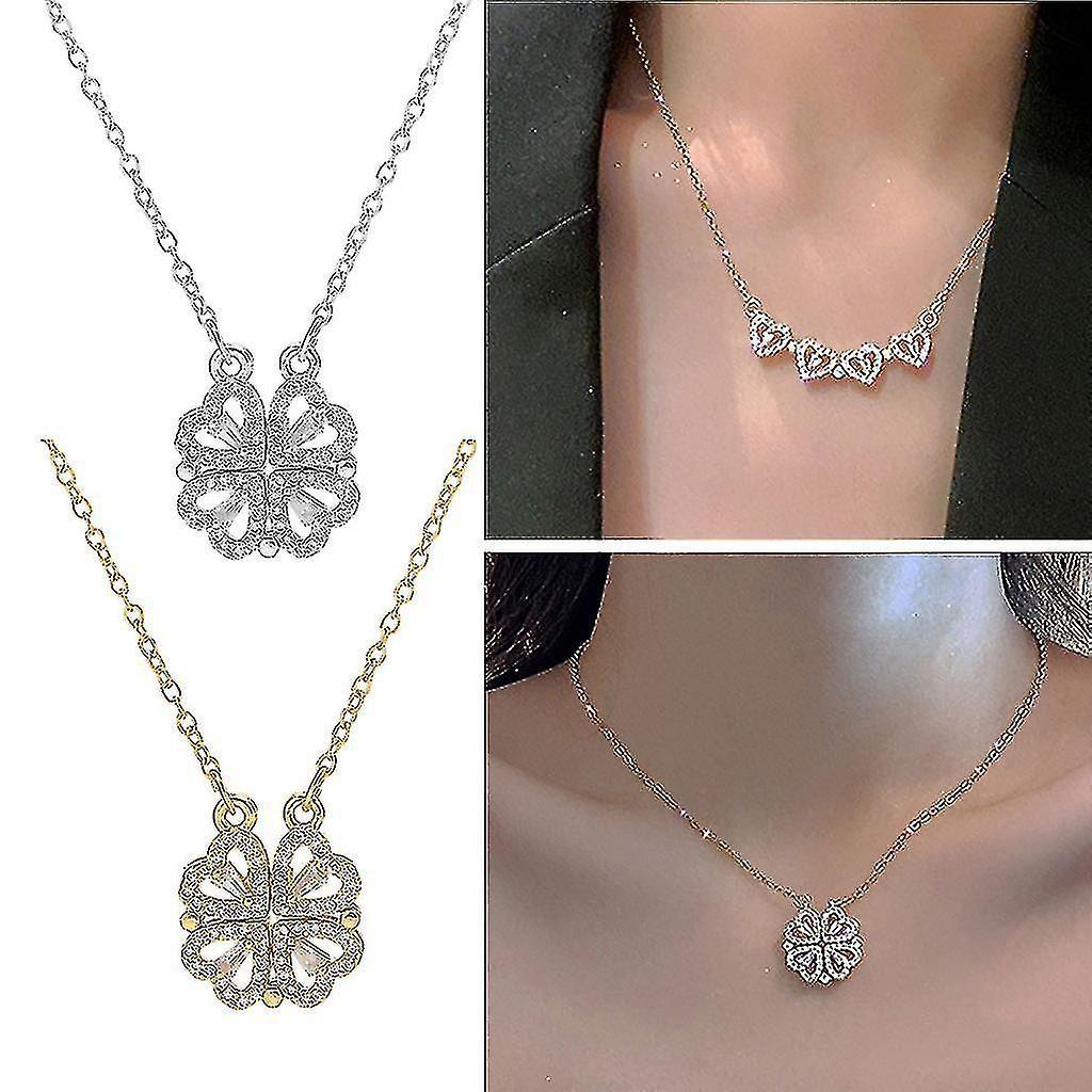 2pcs Four Leaf Clover Necklace Magnetic Folding Heart Shaped Clavicle Chain Jewelry Hanging Pendant WHBYV