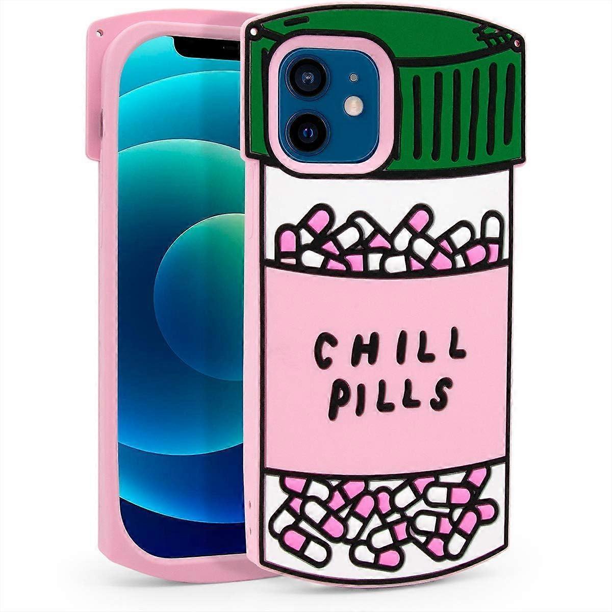 Phone Case Cute iPhone Case Funny Chill Pills Capsule Bottle 3D Cartoon Soft Silicone Rubber Full Protection Shockproof Case Cover-iPhone 12 mini