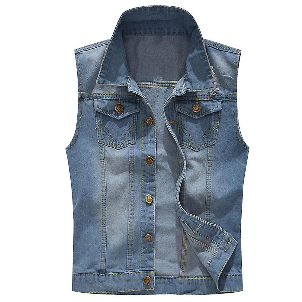 YOUTHUP Mens Ripped Denim Casual Vintage Biker Waistcoat Cowboy Vest Light Blue 2XL