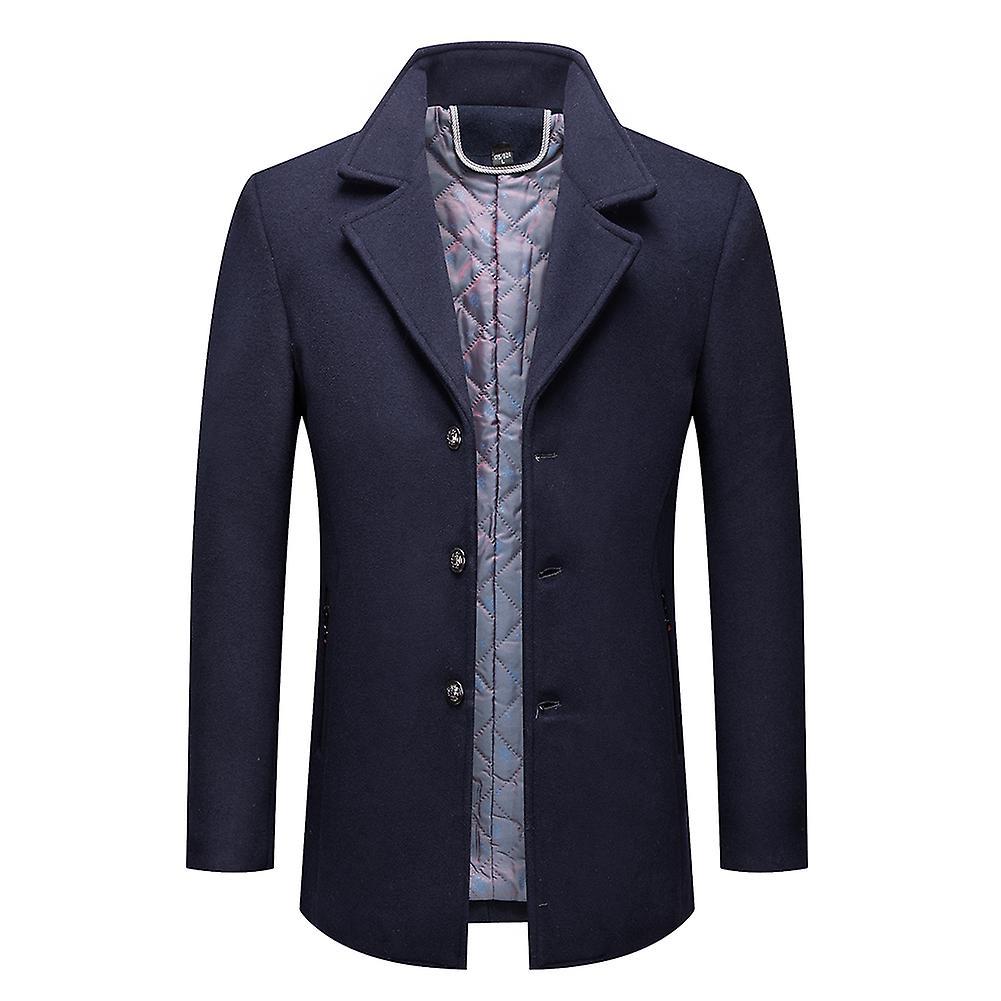 Allthemen Mens Woolen Solid Color Button Down Overcoat Navy Blue M