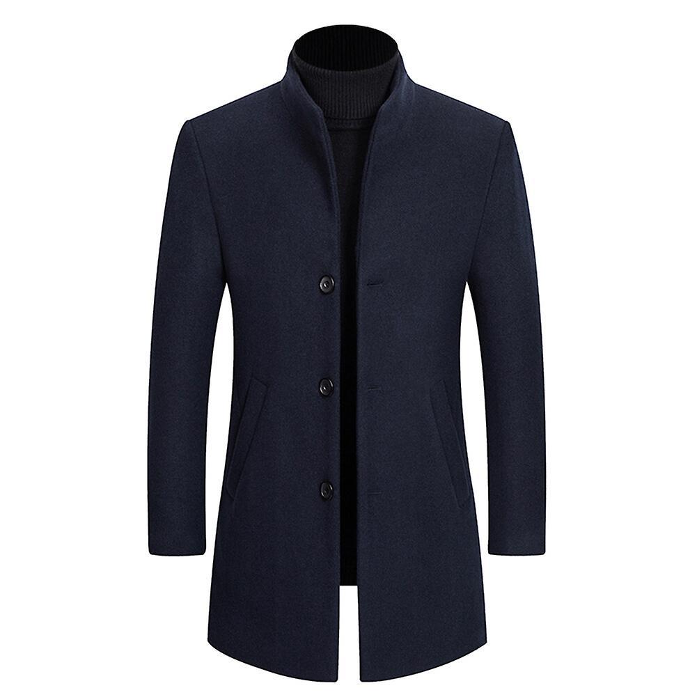 Sliktaa Sliktta Mens Slim Fit Coat Stand Collar Wool Button Overcoat Dark Blue M