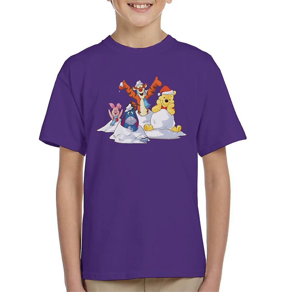 Disney Christmas Winnie The Pooh In The Snow With Friends Kid's T-Shirt Purple Small (5-6 yrs)